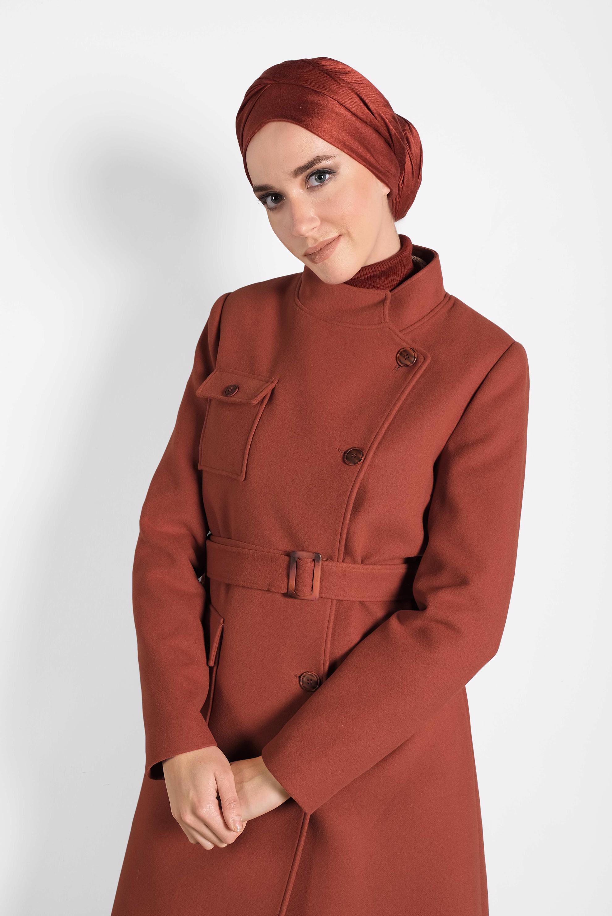 Tesettür giyim TURUNCU DÜĞMELİ KEMERLİ KAŞE KABAN  90046 