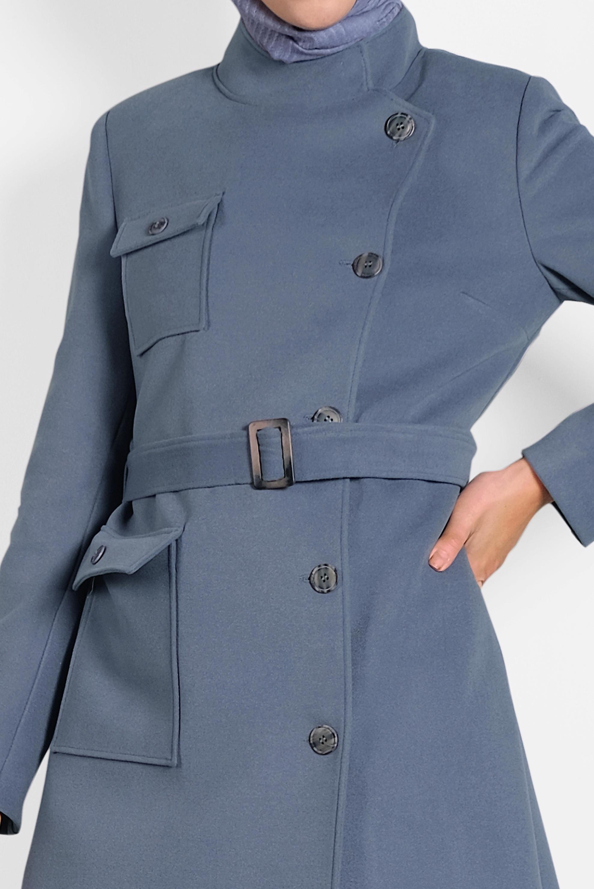 Tesettür giyim MAVİ DÜĞMELİ KEMERLİ KAŞE KABAN  90046 