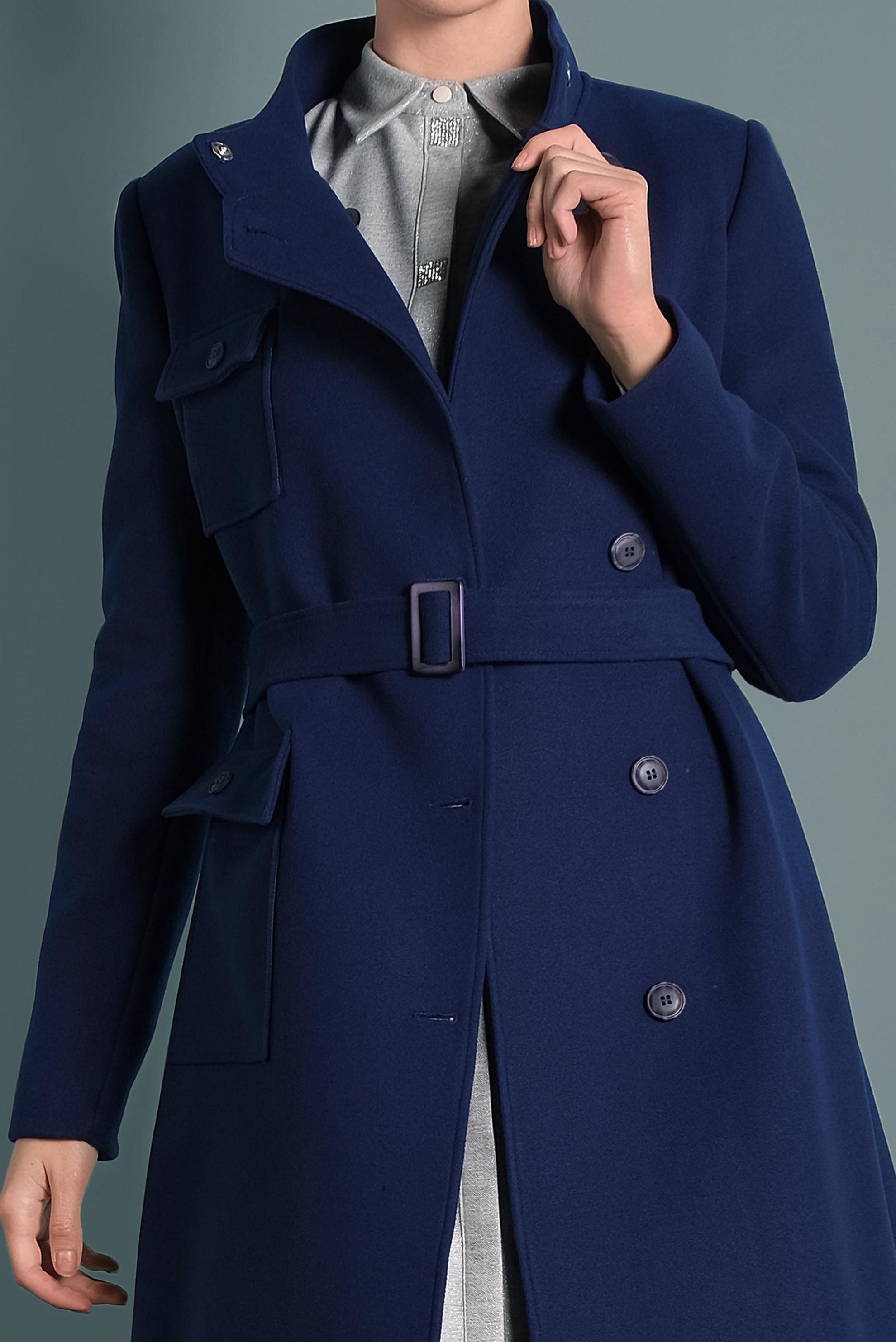 Tesettür giyim MAVİ DÜĞMELİ KEMERLİ KAŞE KABAN  90046 