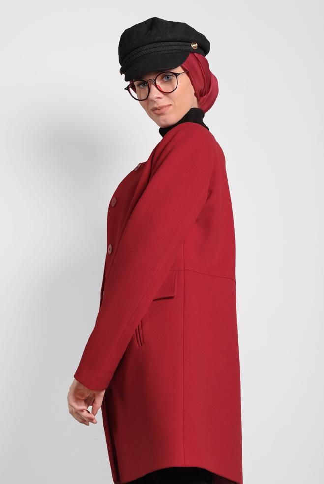 Tesettür giyim KIRMIZI BİSİKLET YAKA DÜĞMELİ KABAN 90051  - ALVİNA