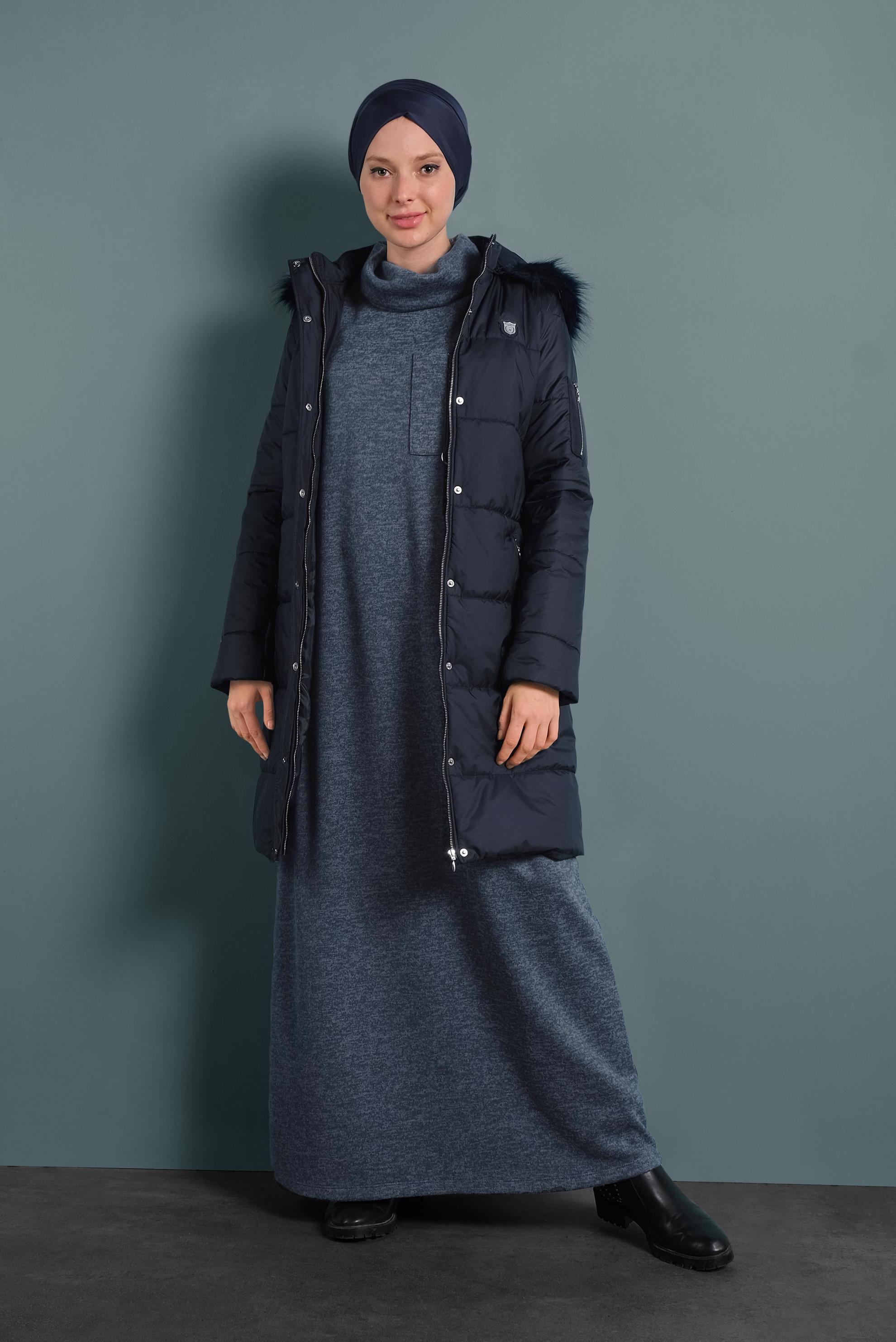 Hijab clothing NAVY BLUE HOODED PUFFER COAT 90054 