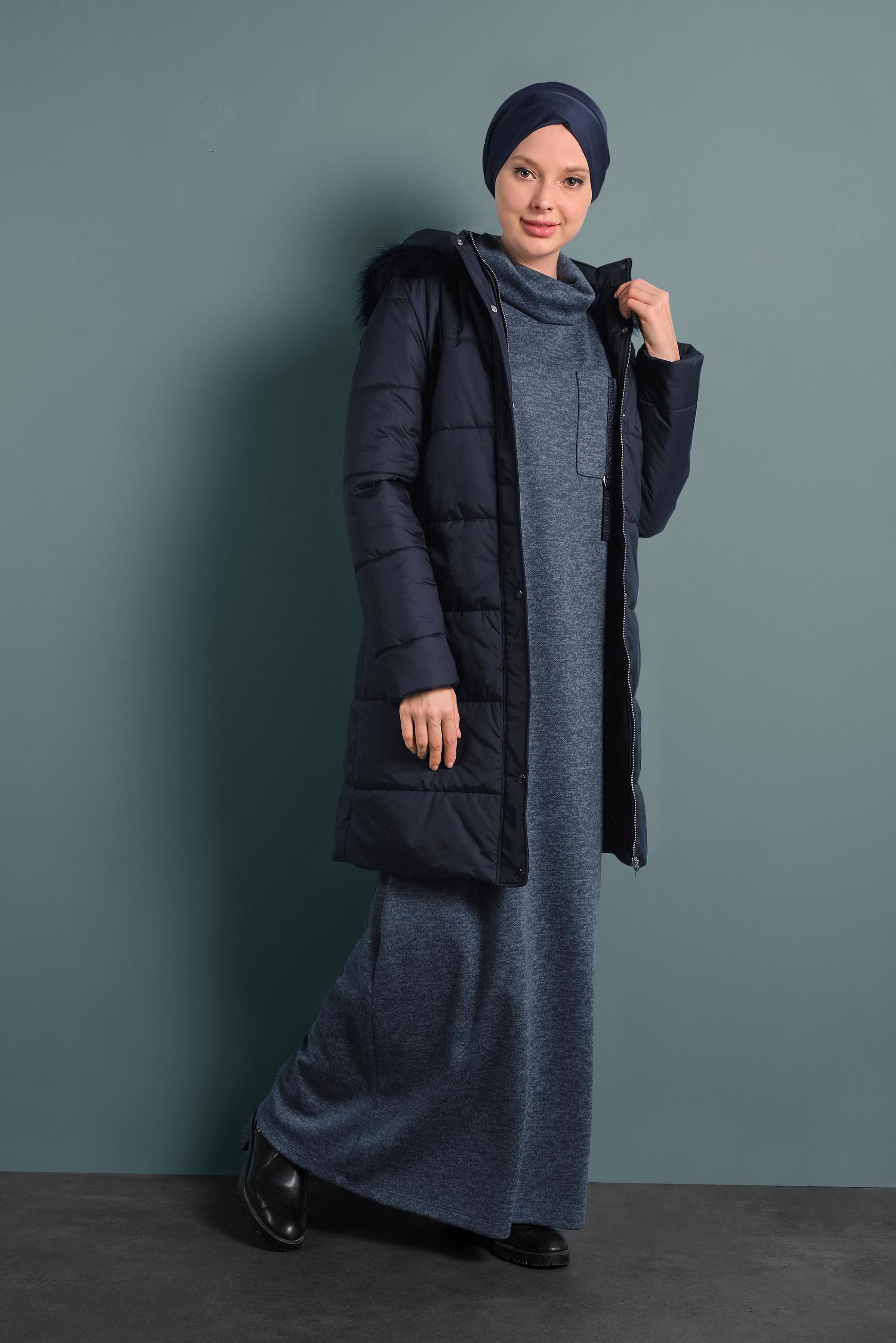 Hijab clothing NAVY BLUE HOODED PUFFER COAT 90054 