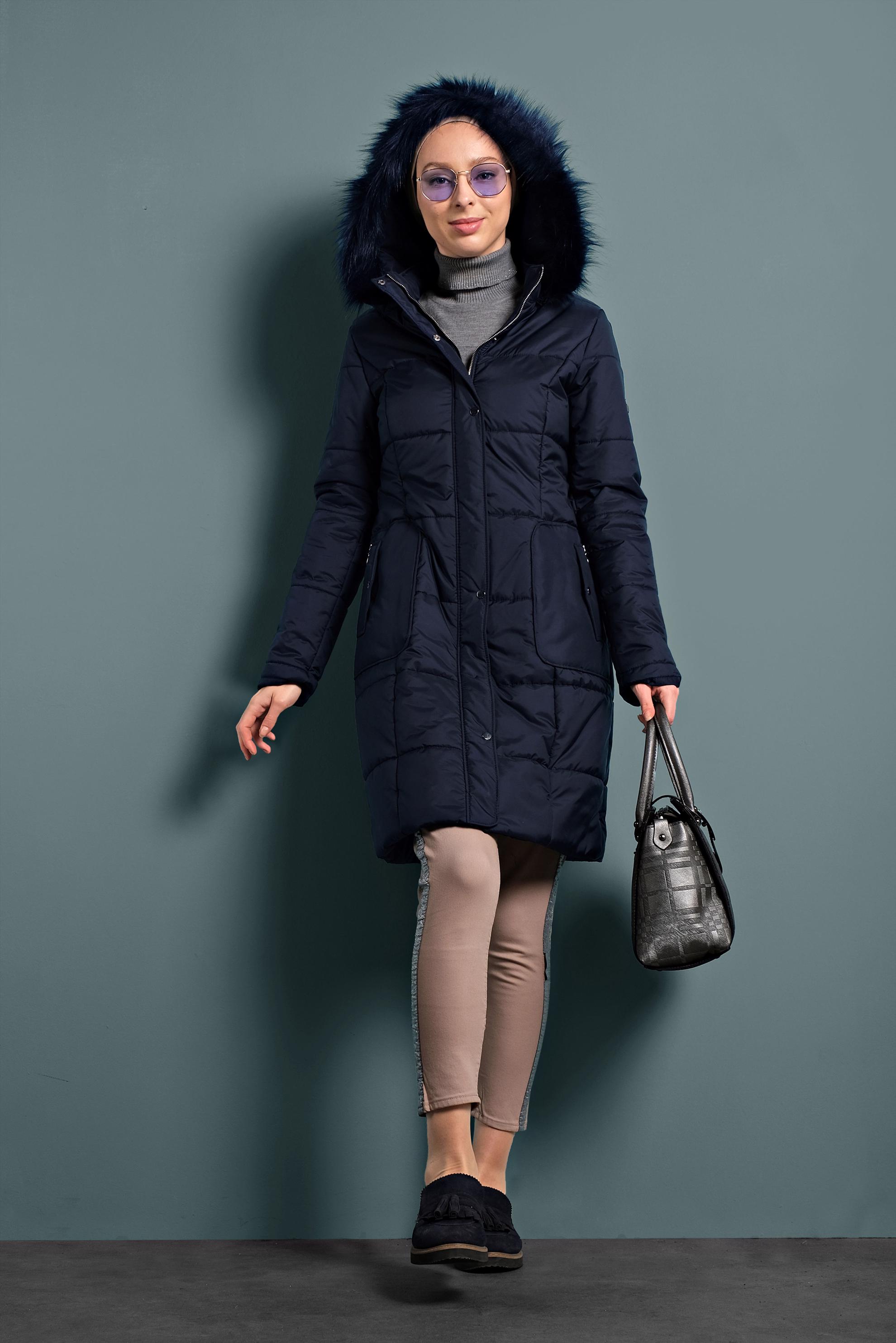 Hijab clothing NAVY BLUE HOODED PUFFER COAT 90055 