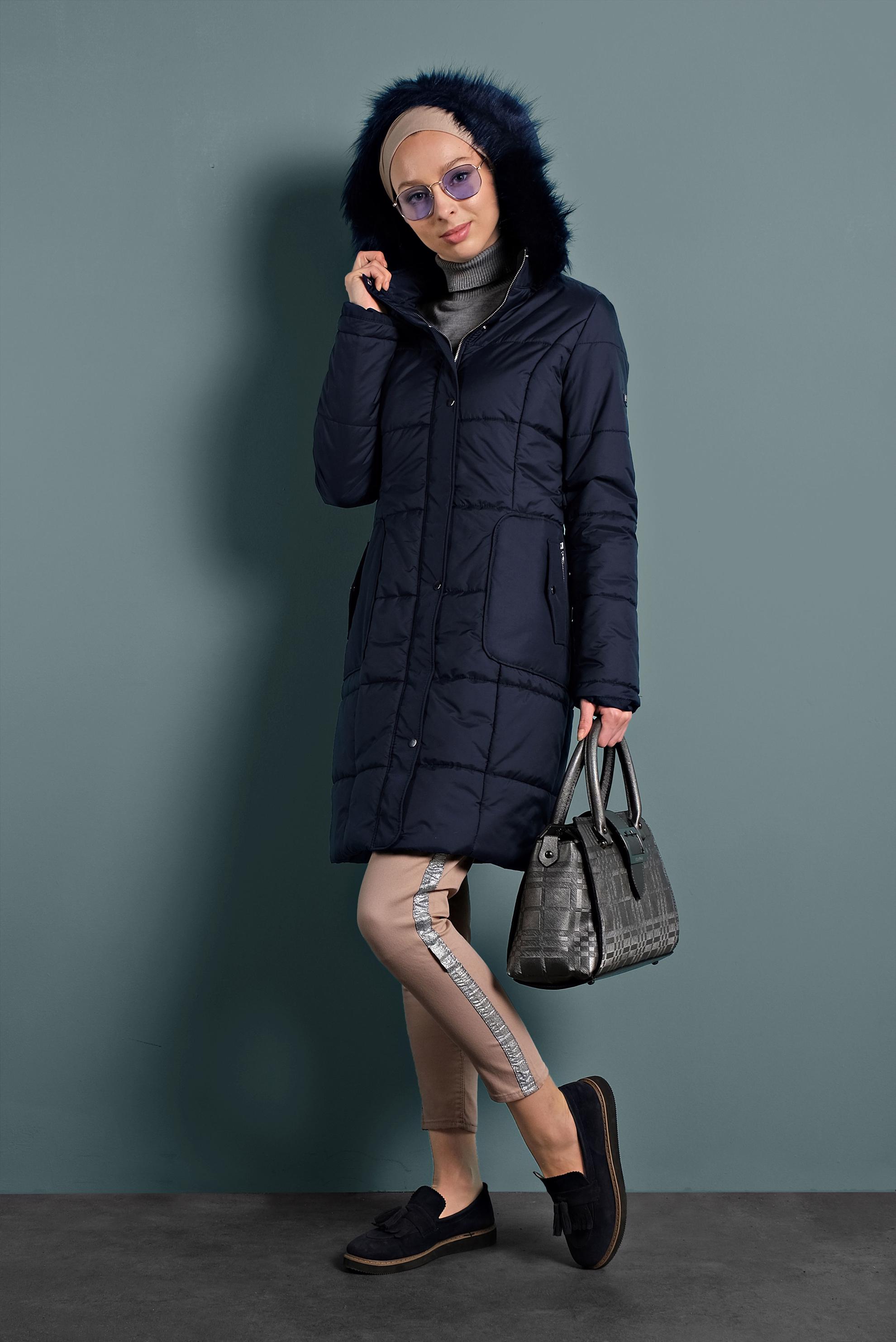 Hijab clothing NAVY BLUE HOODED PUFFER COAT 90055 
