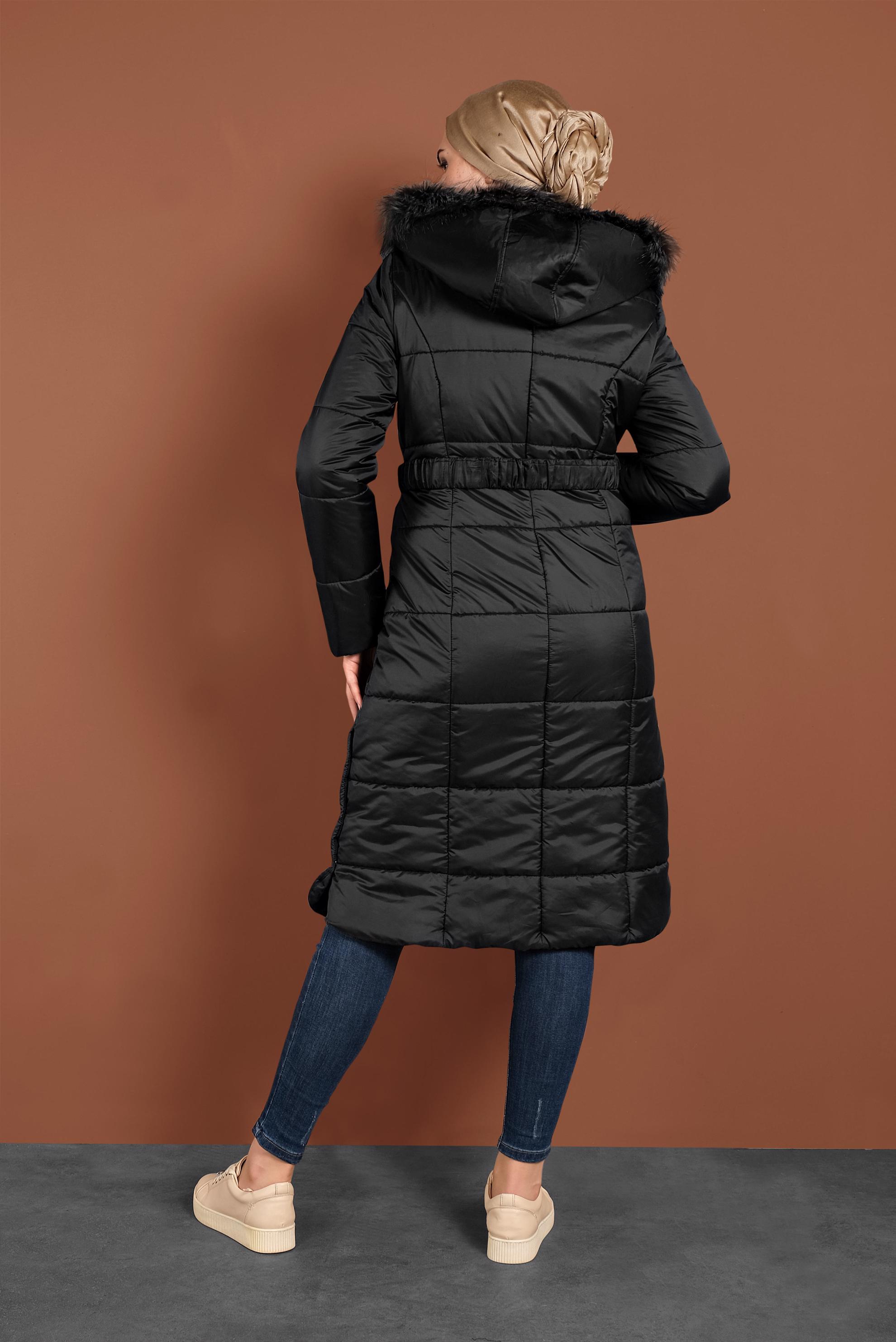 Tesettür giyim SİYAH YANLARI ÇITÇITLI KAPİTONE KABAN 90056 