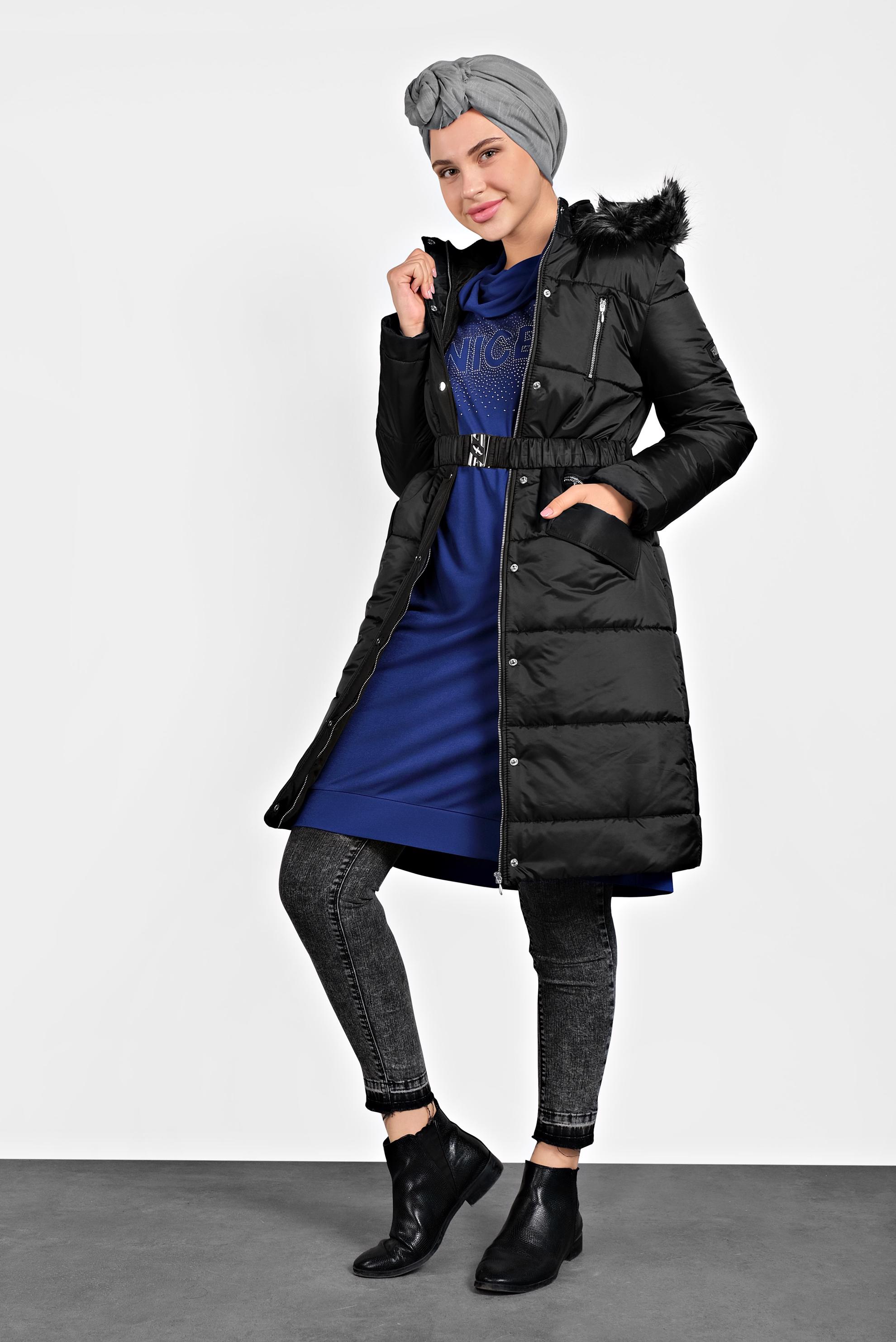 Tesettür giyim SİYAH KEMERLİ ŞİŞME KABAN 90058