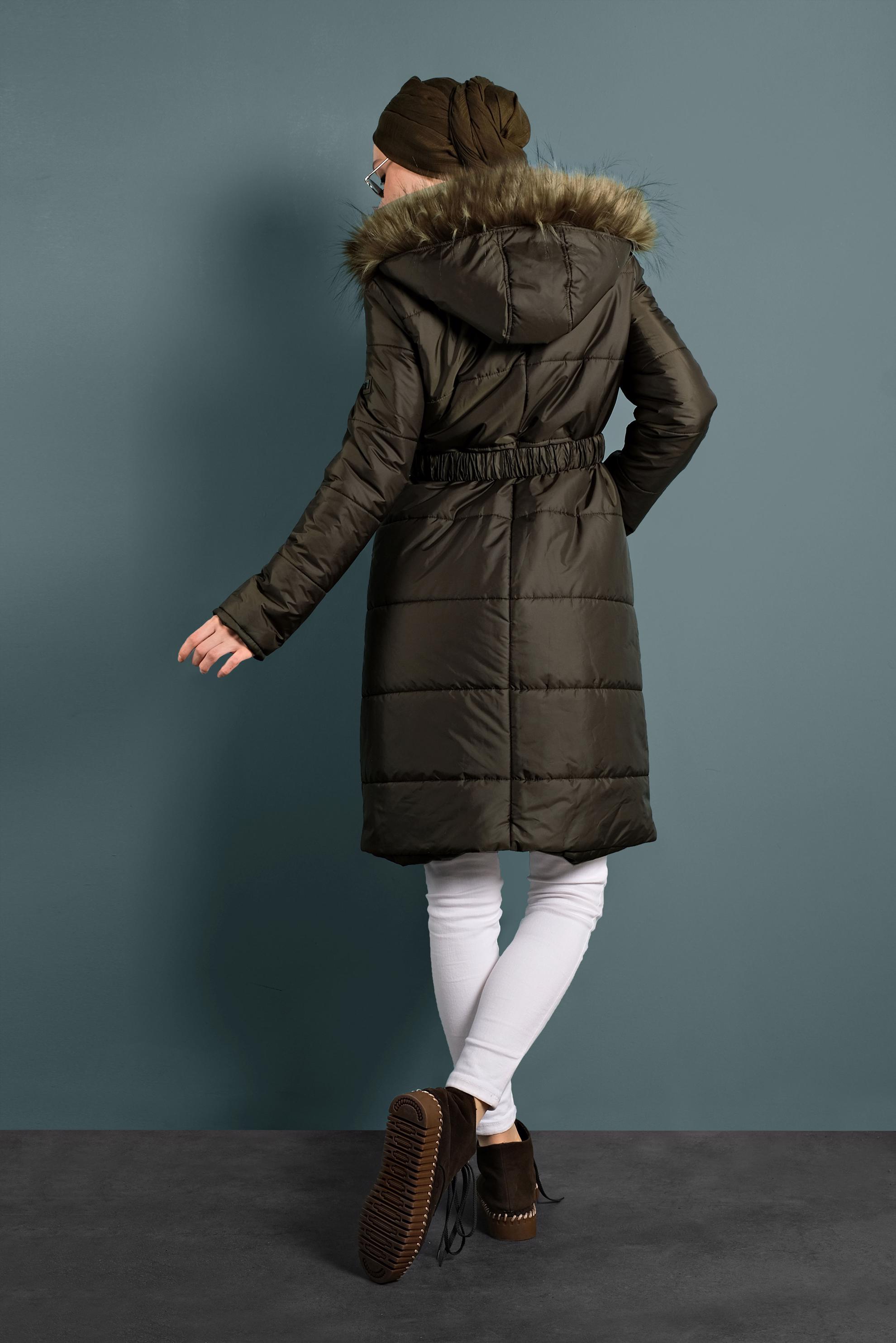 Tesettür giyim HAKİ KEMERLİ ŞİŞME KABAN 90058