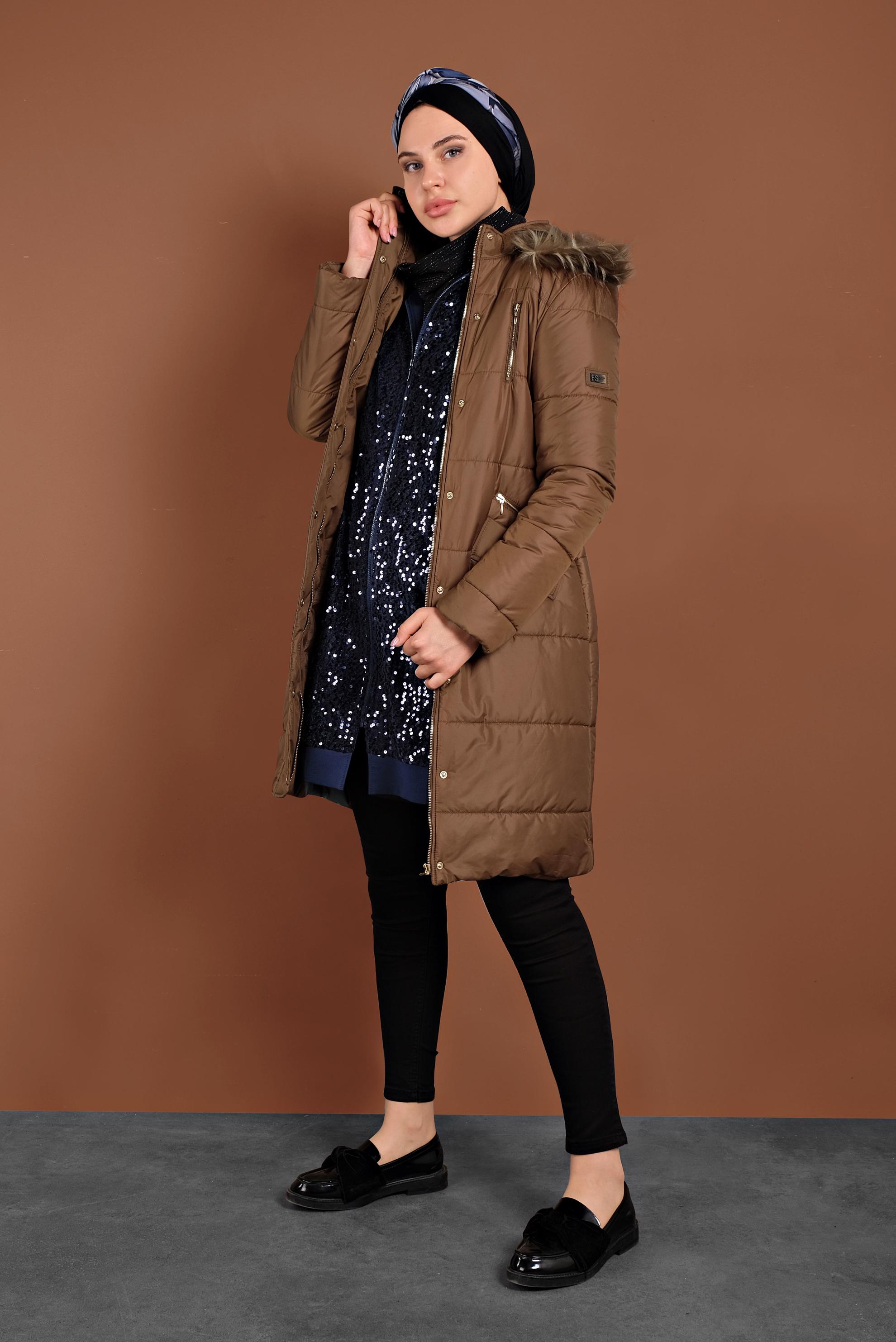 Tesettür giyim TABA KEMERLİ ŞİŞME KABAN 90058