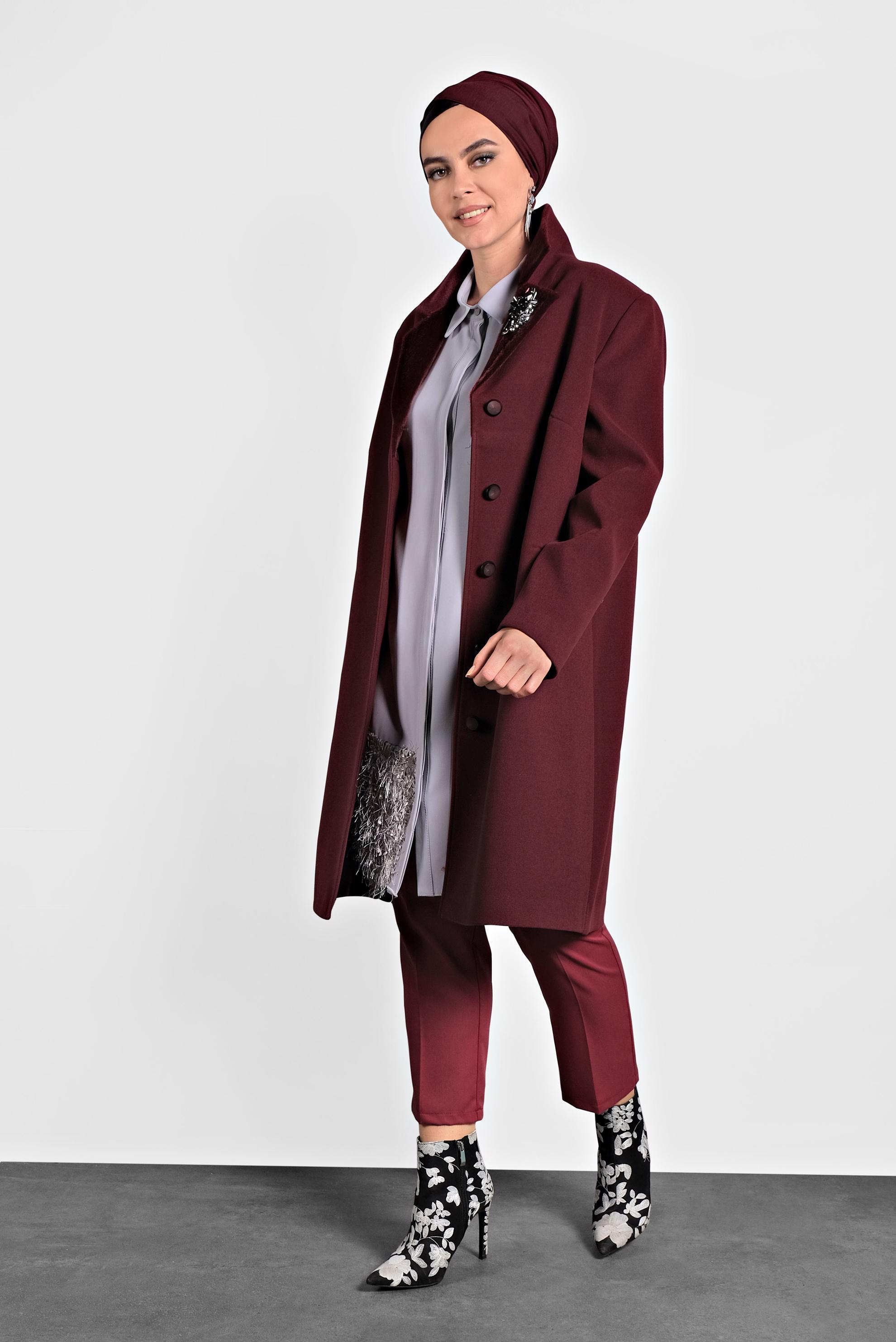 Tesettür giyim BORDO KAŞE KABAN 90059 