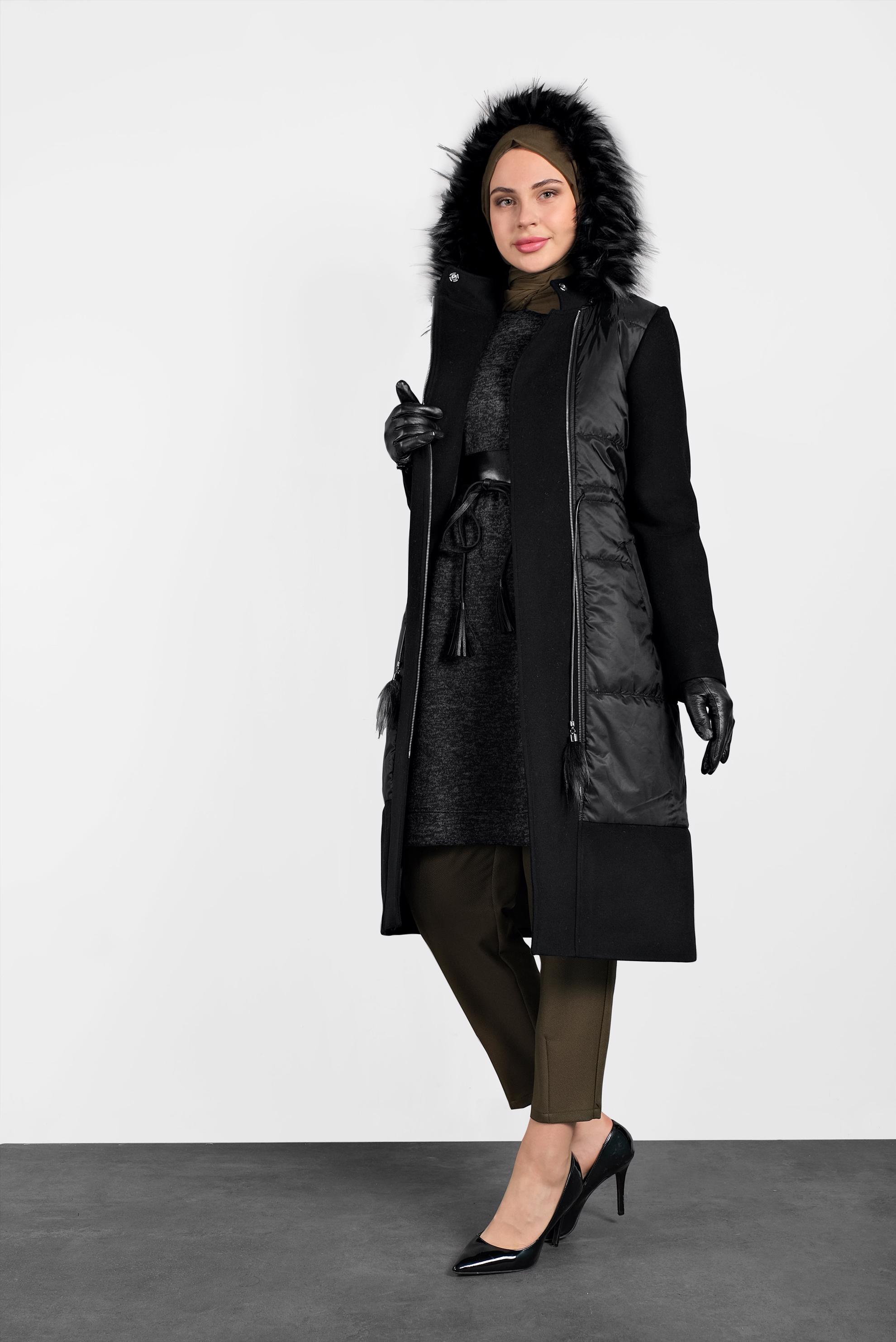 Tesettür giyim SİYAH BELİ BAĞCIKLI KAPİTONE KABAN 90063