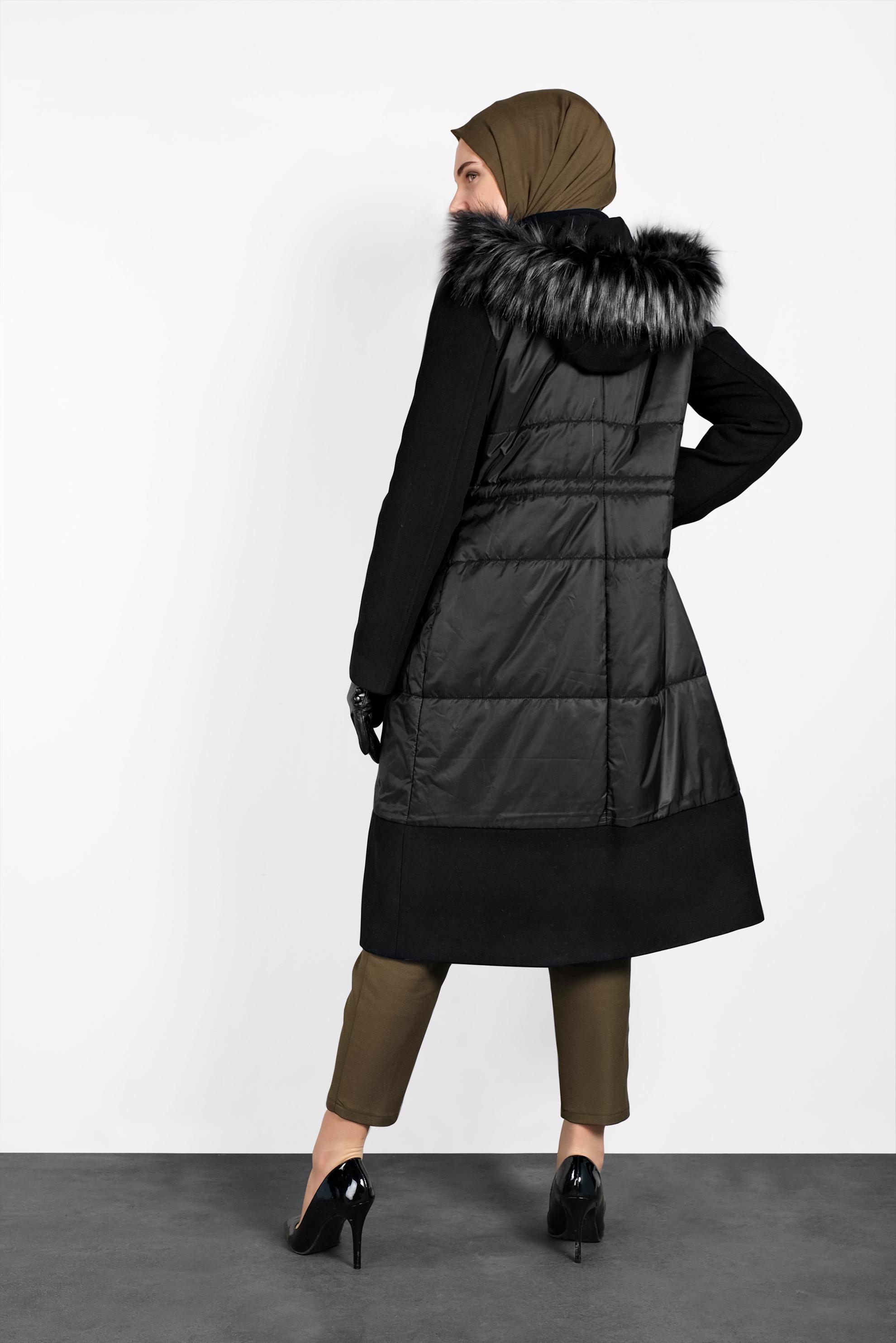 Tesettür giyim SİYAH BELİ BAĞCIKLI KAPİTONE KABAN 90063