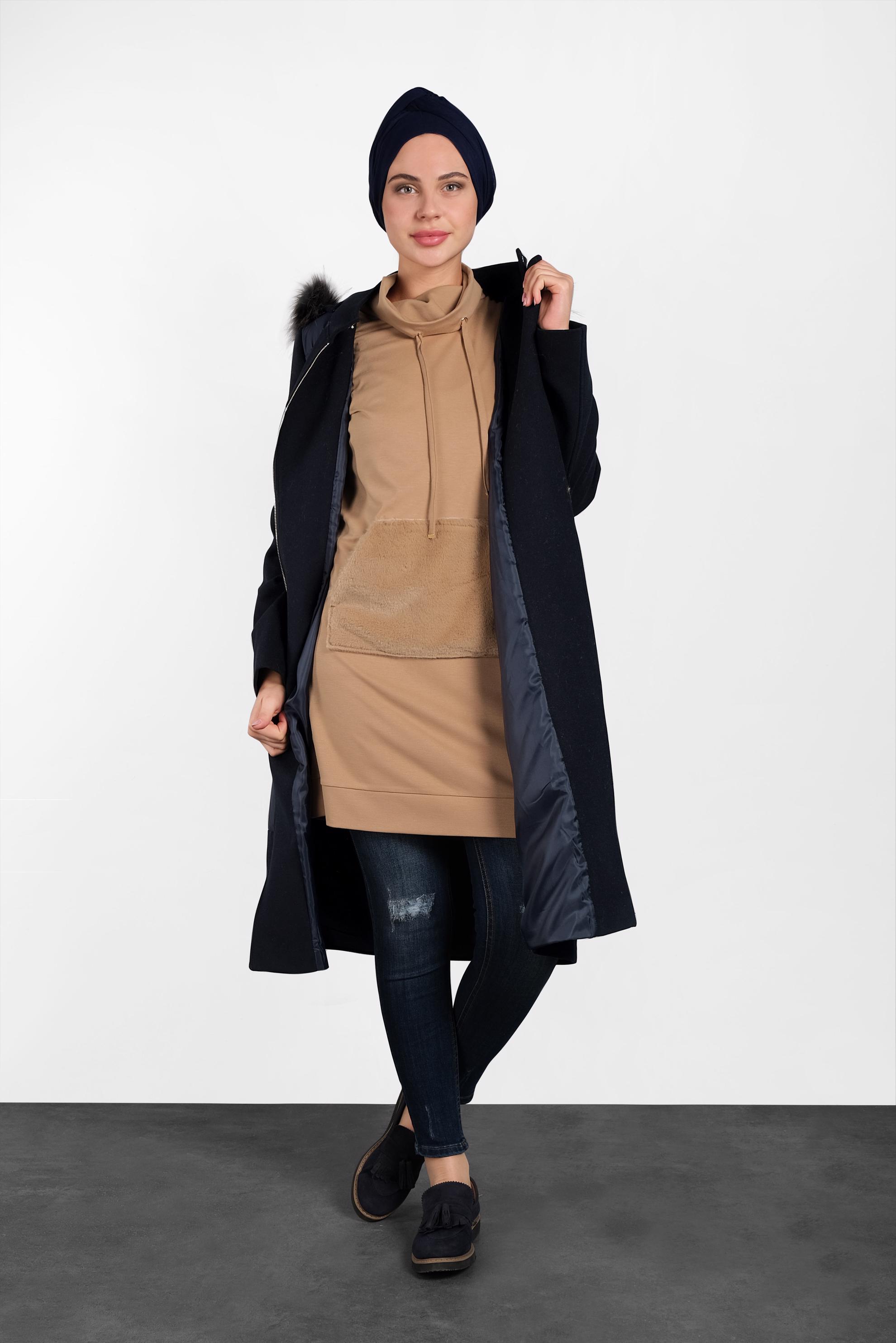 Hijab clothing NAVY BLUE TIE-WAIST QUILTED COAT 90063 