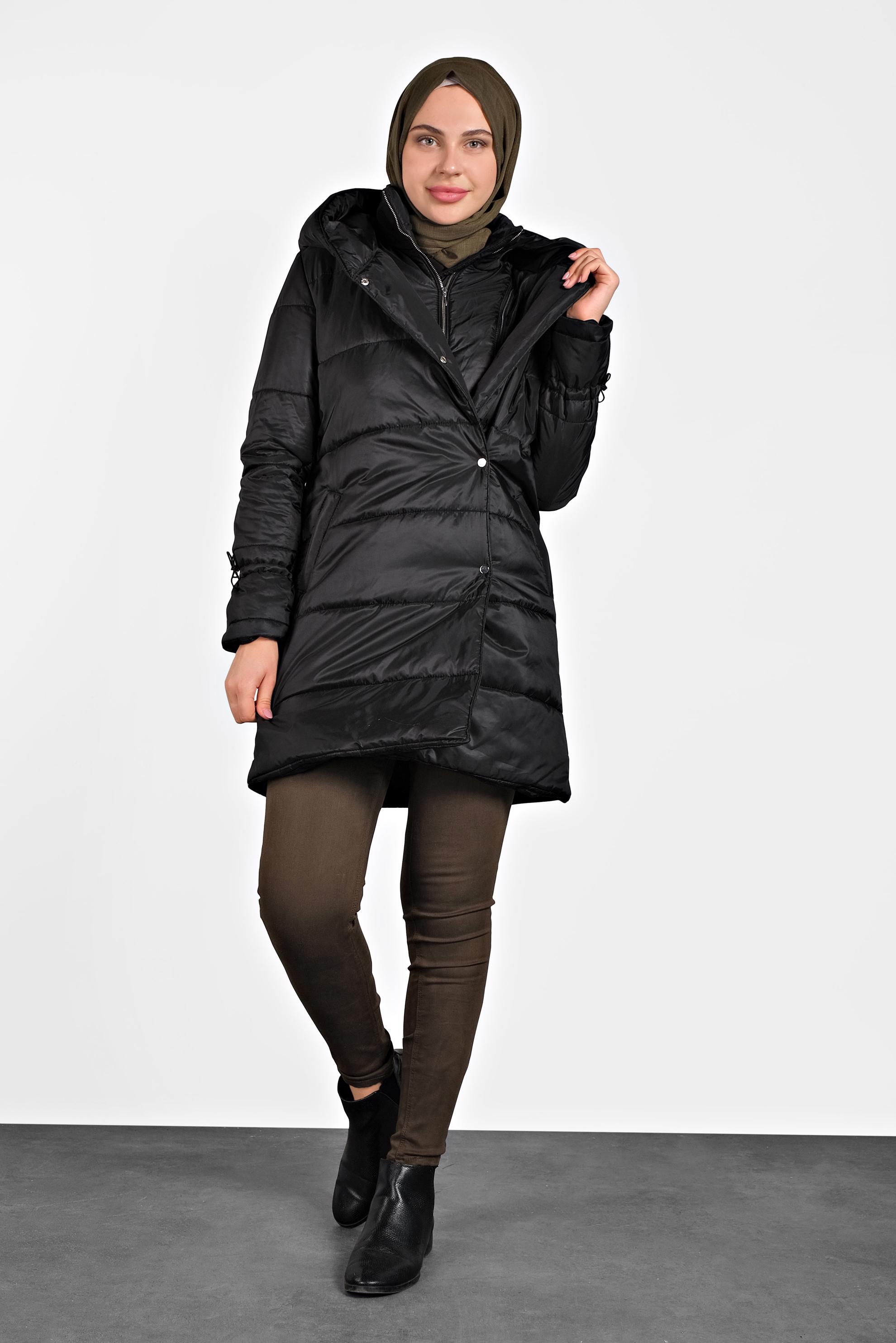 Tesettür giyim SİYAH ŞİŞME KAPÜŞONLU KABAN 90065 
