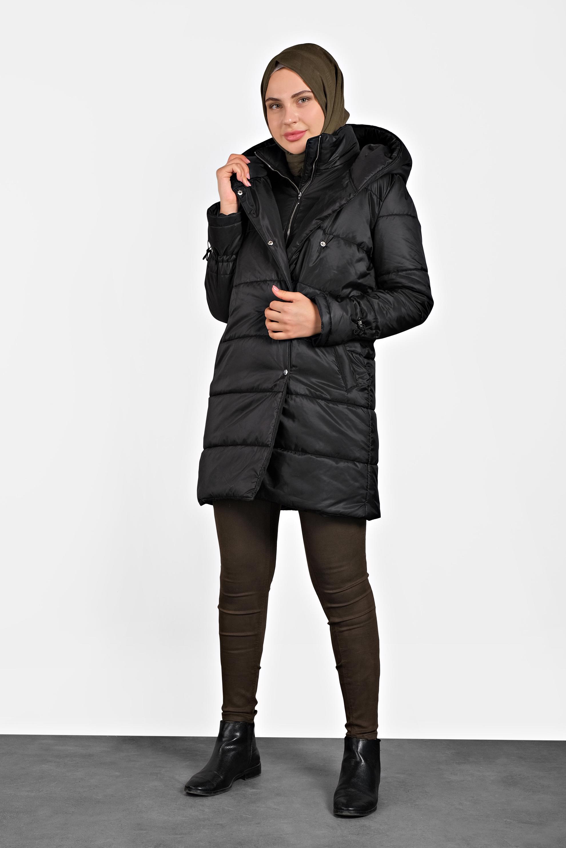 Tesettür giyim SİYAH ŞİŞME KAPÜŞONLU KABAN 90065 