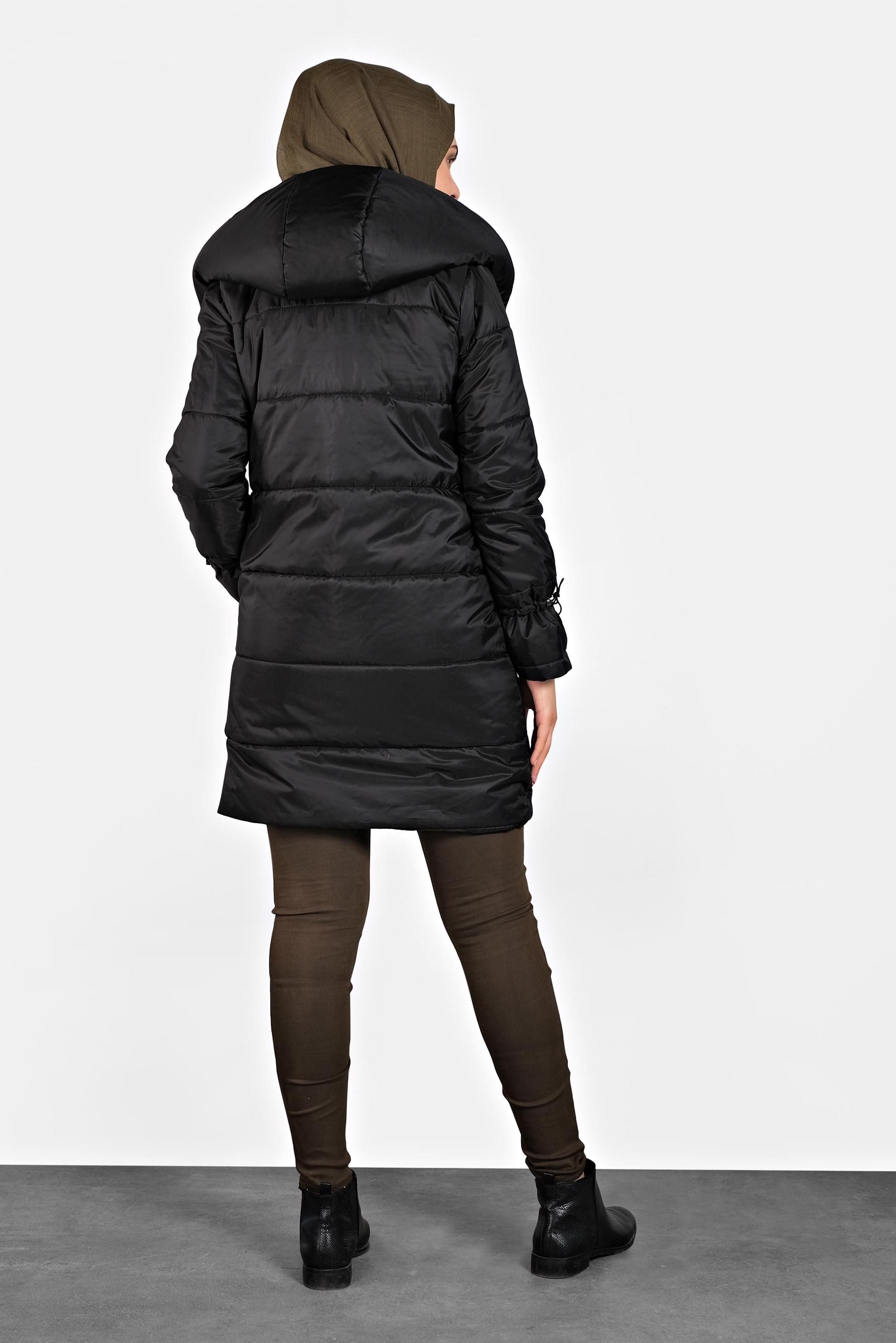 Tesettür giyim SİYAH ŞİŞME KAPÜŞONLU KABAN 90065 