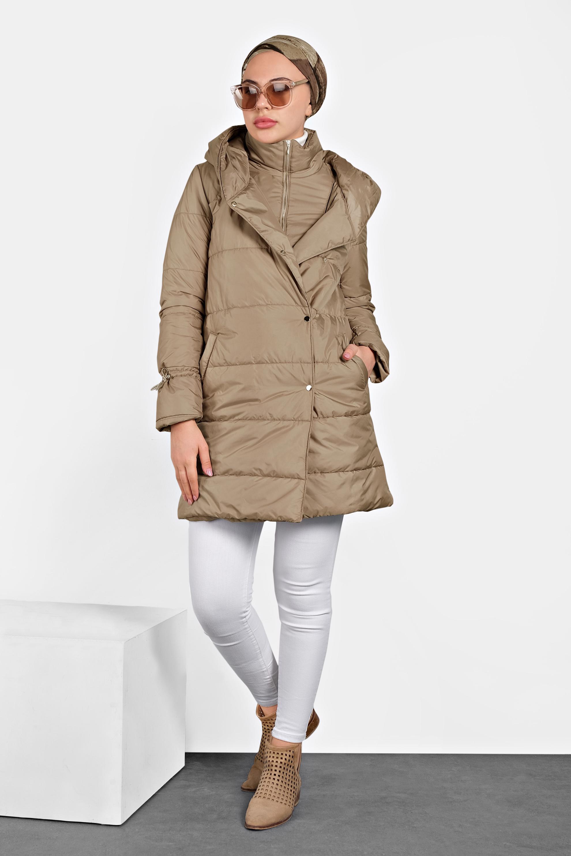 Tesettür giyim KAHVE ŞİŞME KAPÜŞONLU KABAN 90065 