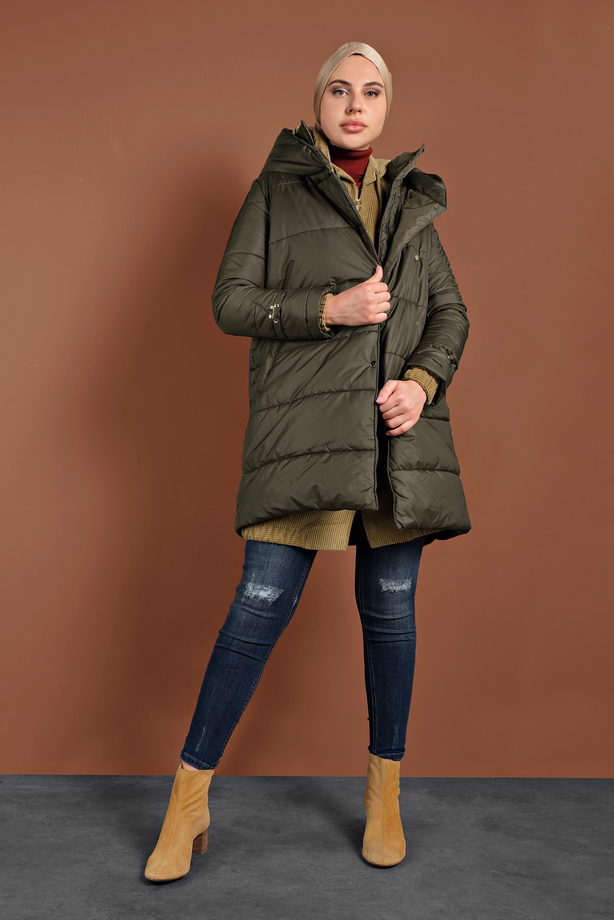 Tesettür giyim HAKİ ŞİŞME KAPÜŞONLU KABAN 90065 