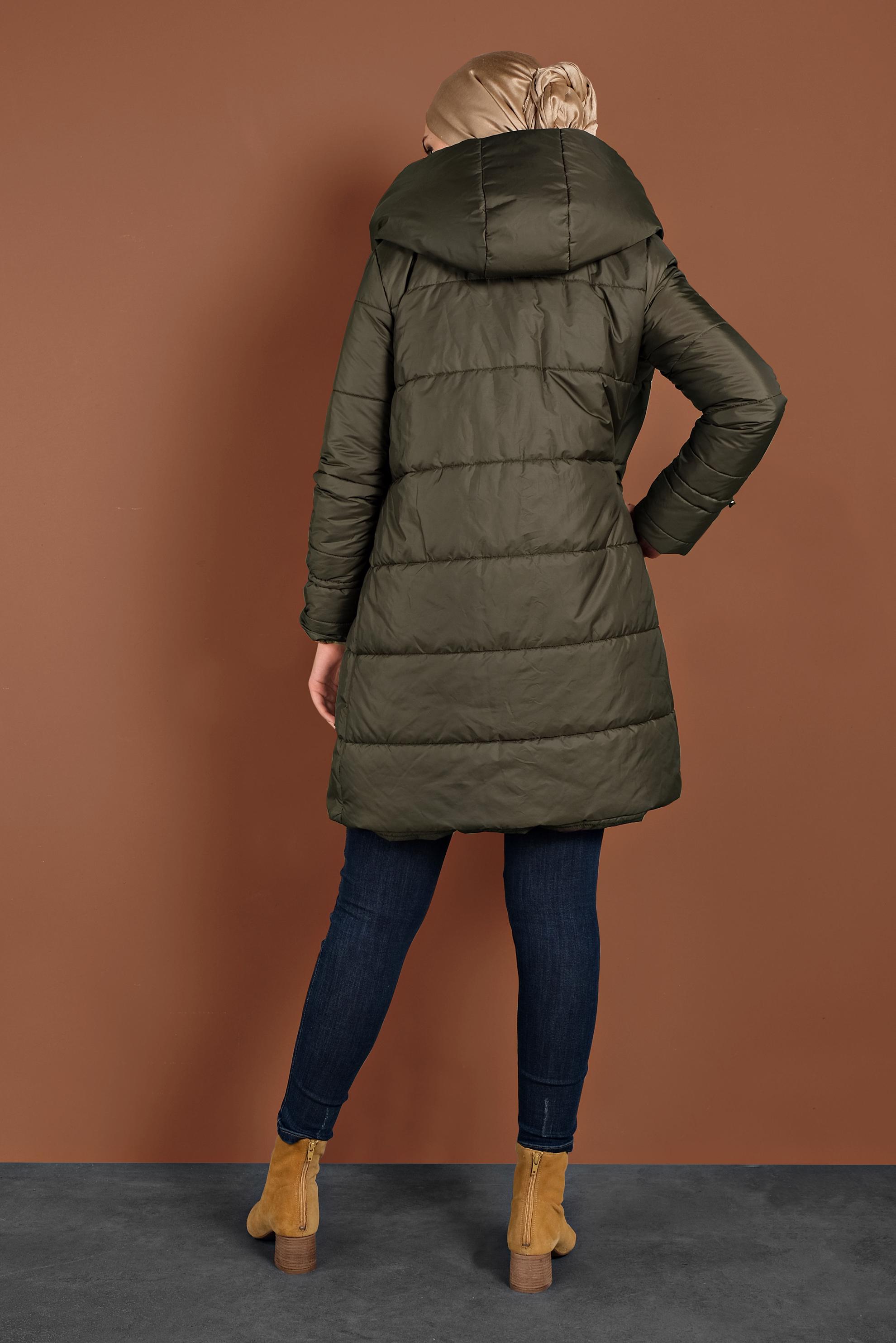 Tesettür giyim HAKİ ŞİŞME KAPÜŞONLU KABAN 90065 