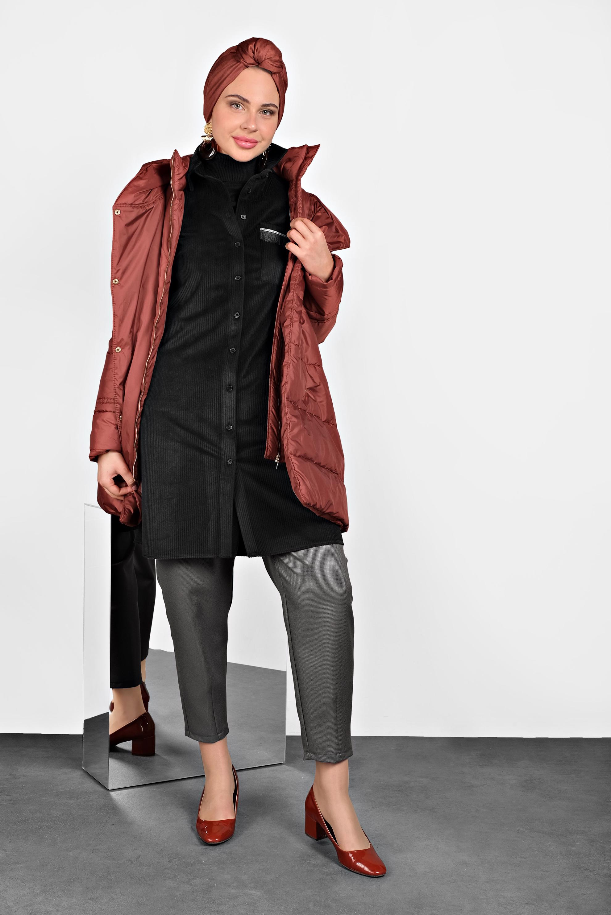 Tesettür giyim TURUNCU ŞİŞME KAPÜŞONLU KABAN 90065 