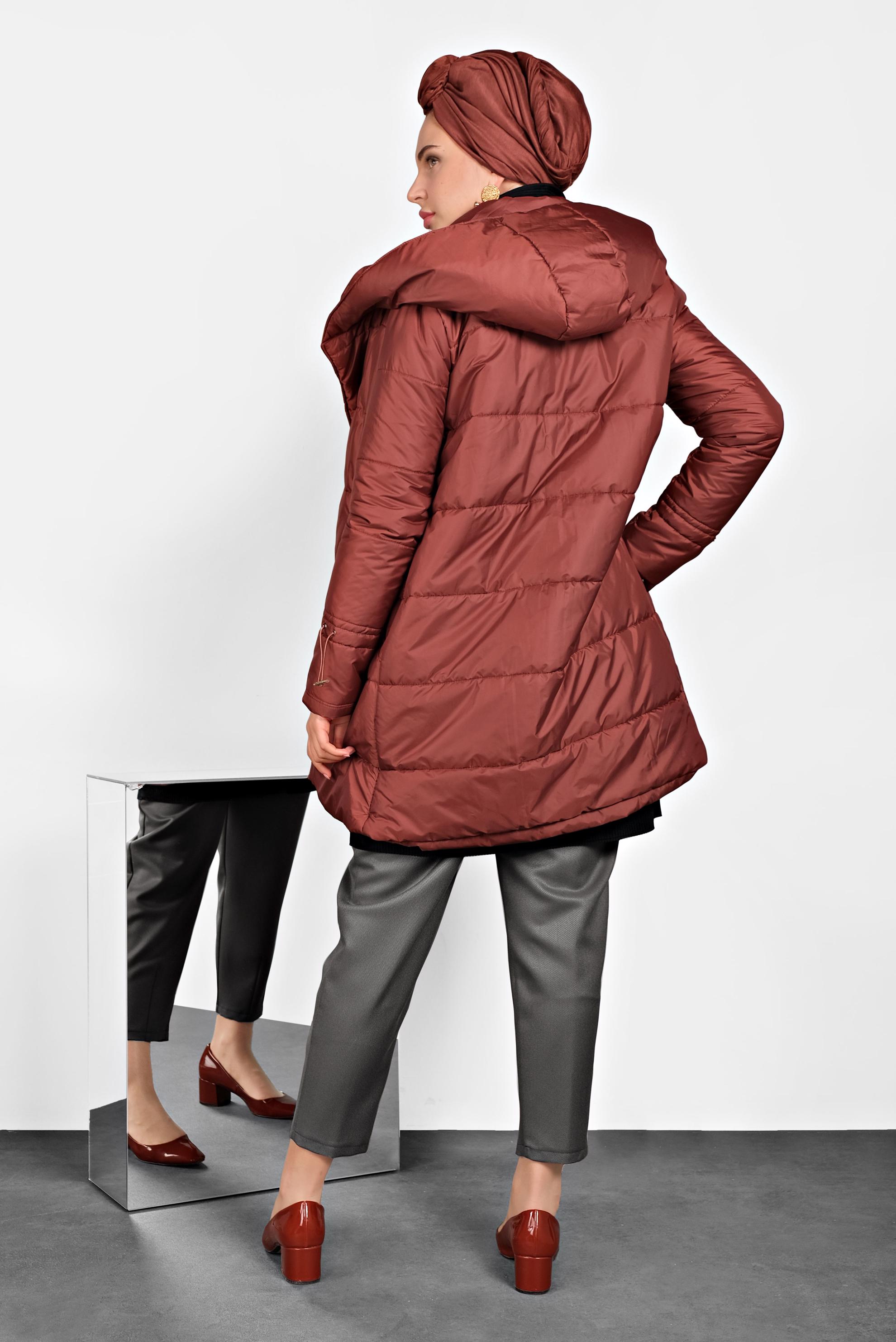 Tesettür giyim TURUNCU ŞİŞME KAPÜŞONLU KABAN 90065 