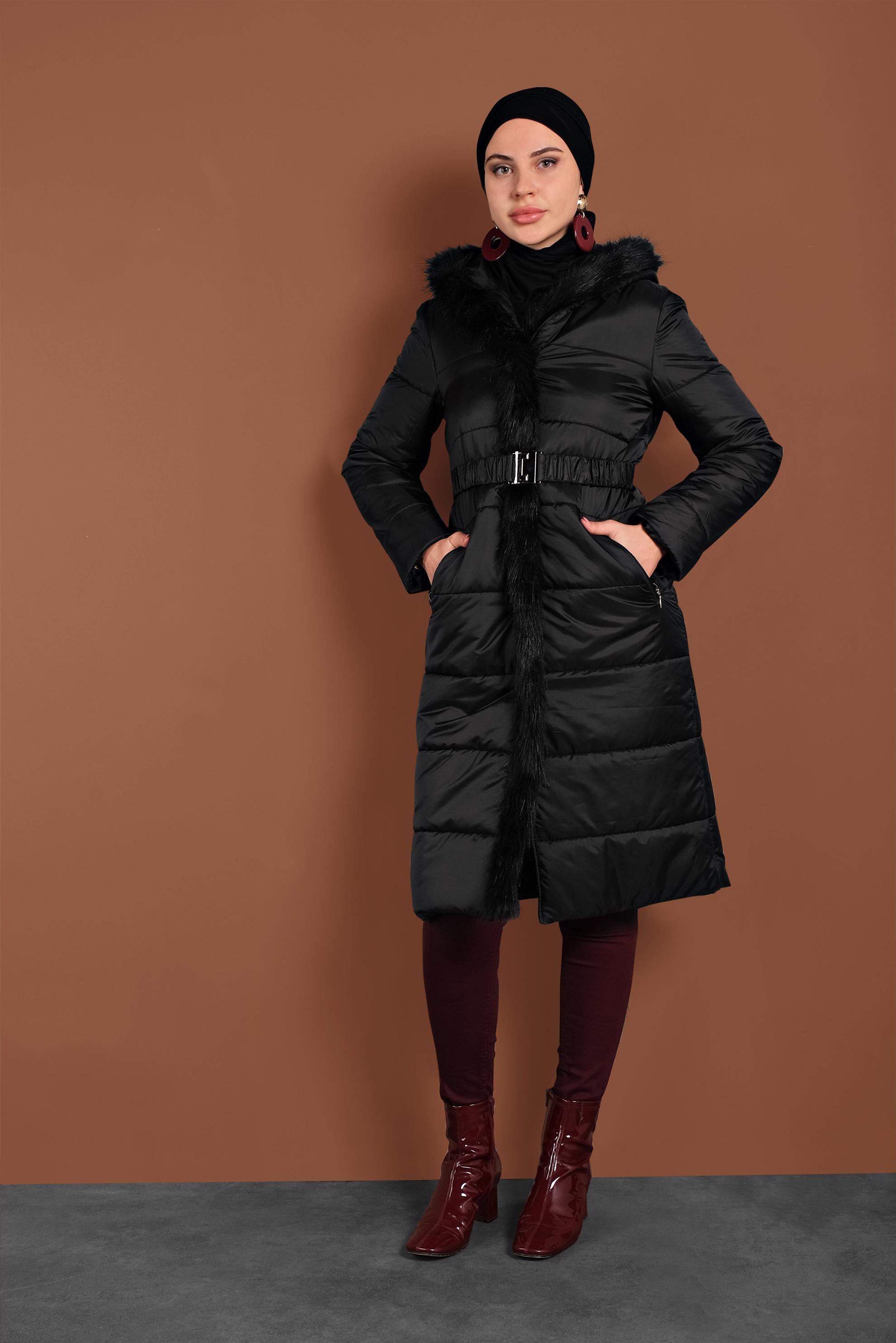 Tesettür giyim SİYAH KAPÜŞONLU ŞİŞME KABAN 90068