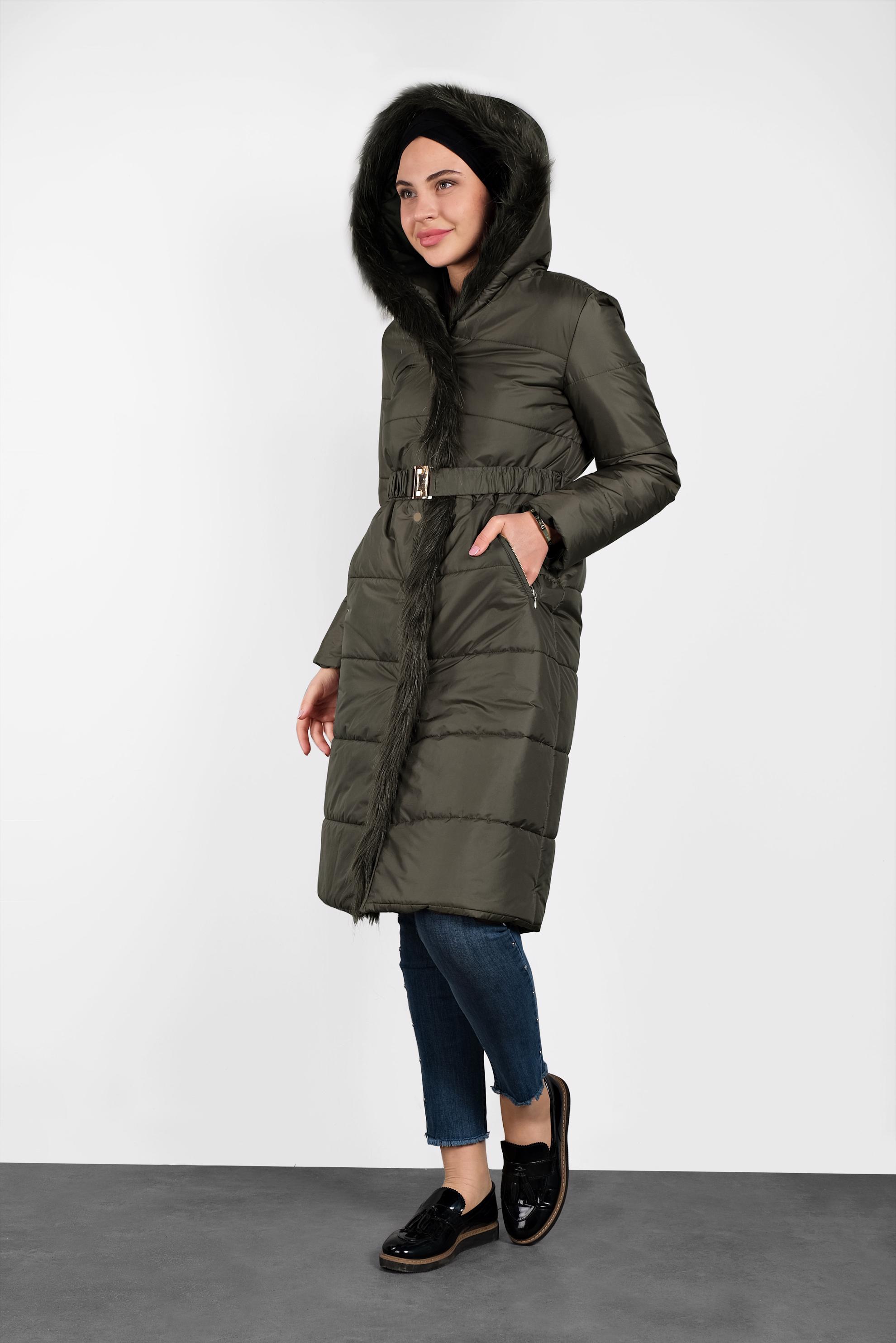 Tesettür giyim HAKİ KAPÜŞONLU ŞİŞME KABAN 90068