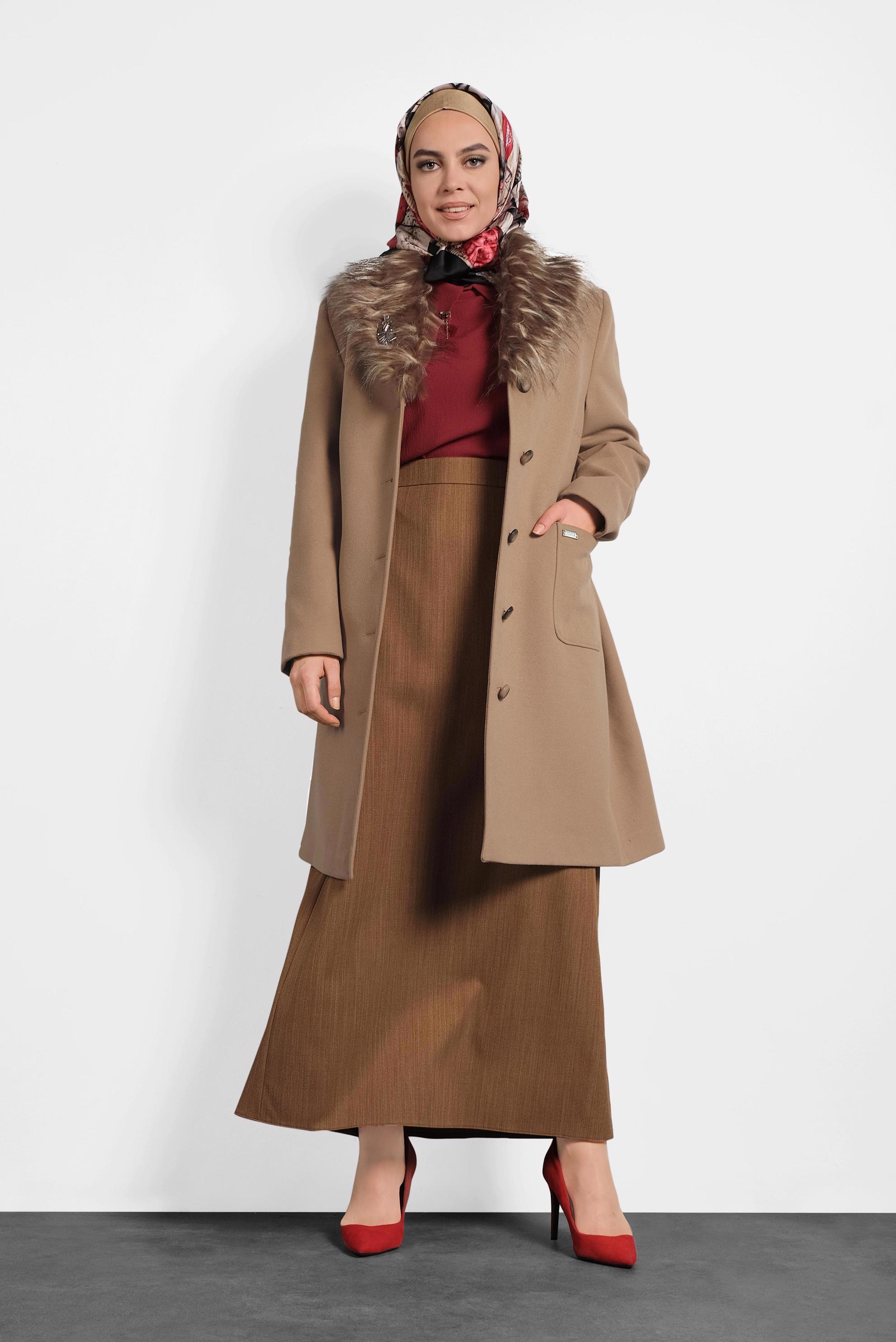 Hijab clothing BROWN FAUX-FUR COLLAR BELTED COAT 90069 