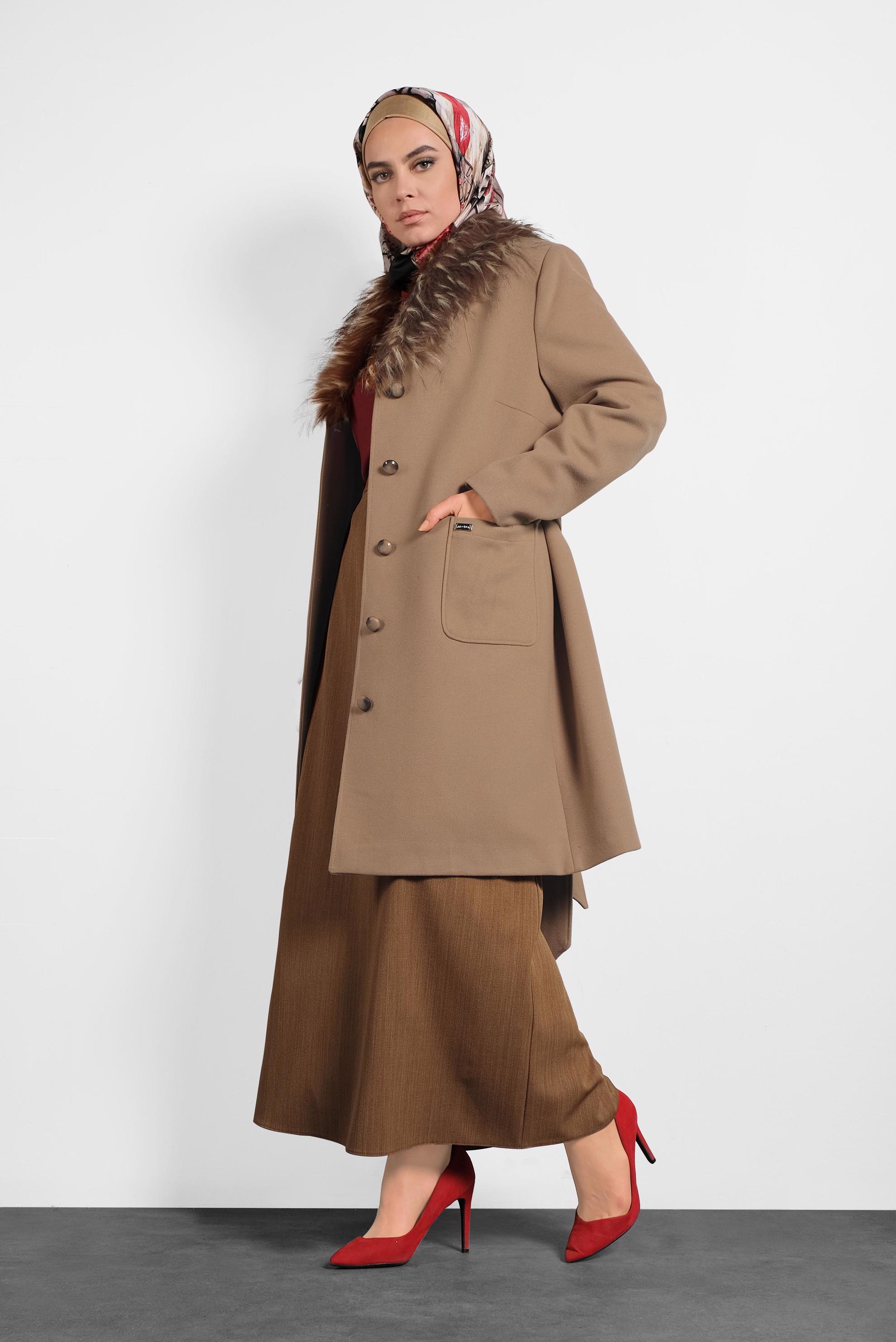 Hijab clothing BROWN FAUX-FUR COLLAR BELTED COAT 90069 
