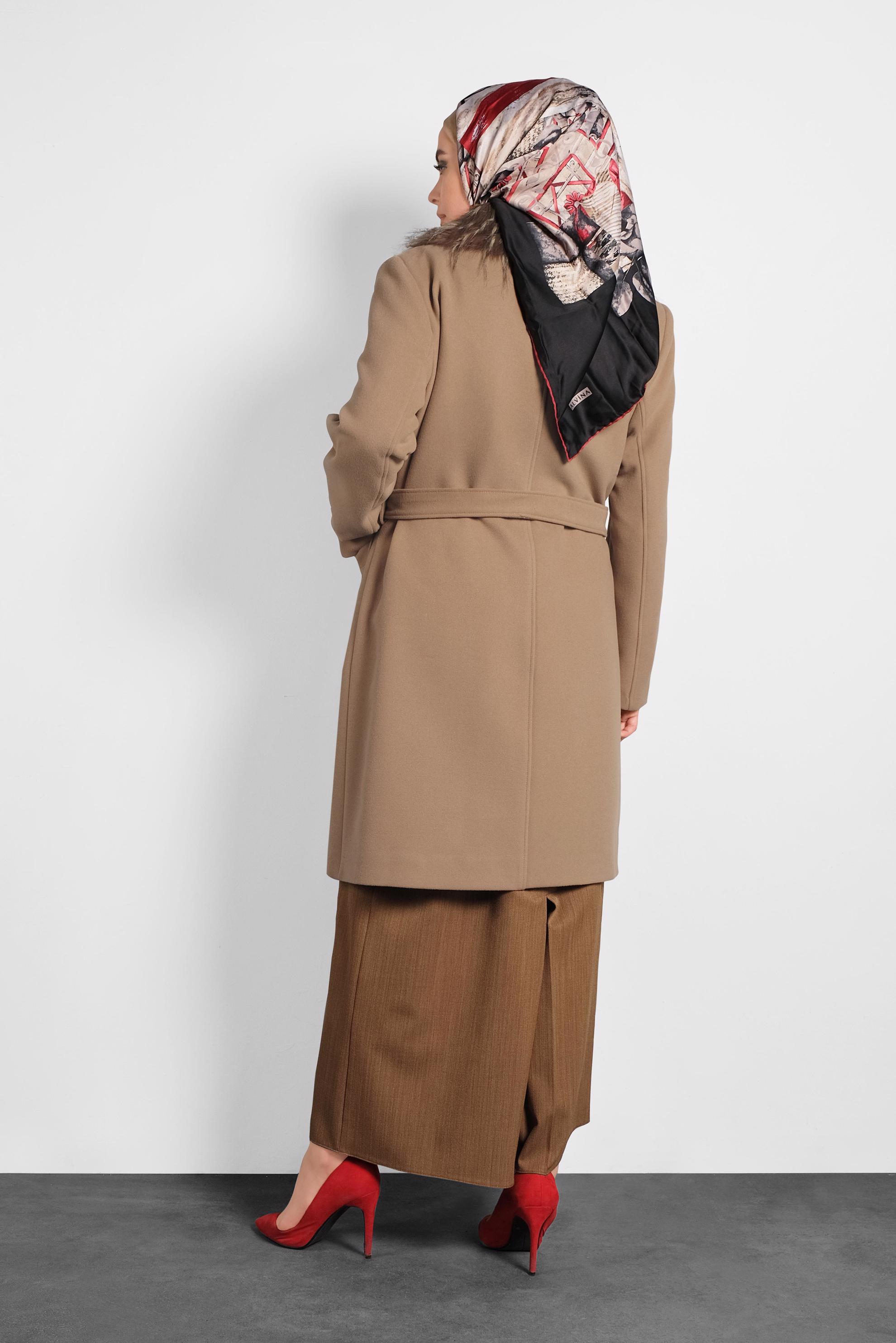Hijab clothing BROWN FAUX-FUR COLLAR BELTED COAT 90069 