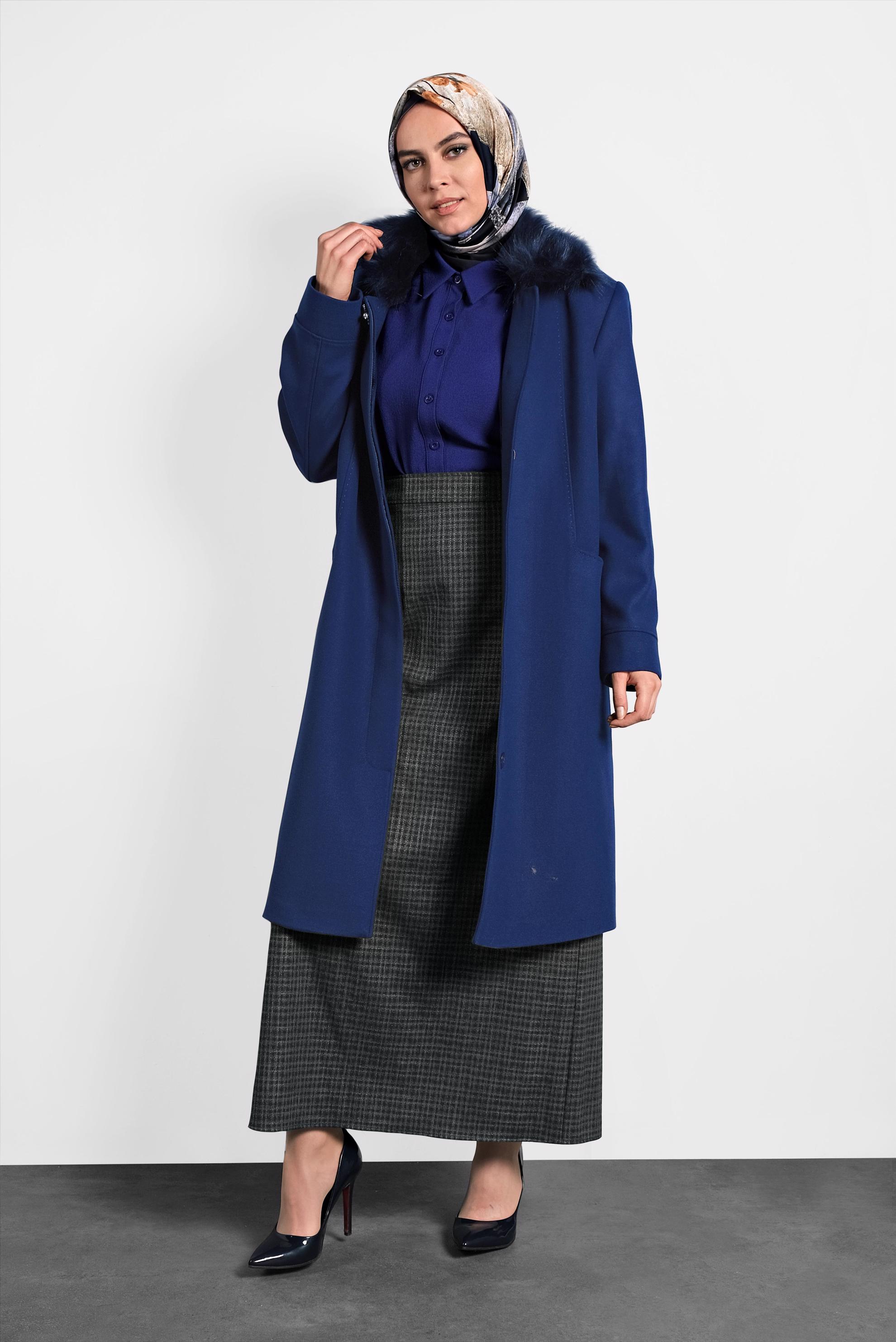 Hijab clothing NAVY BLUE FAUX-FUR COLLAR COAT 90070