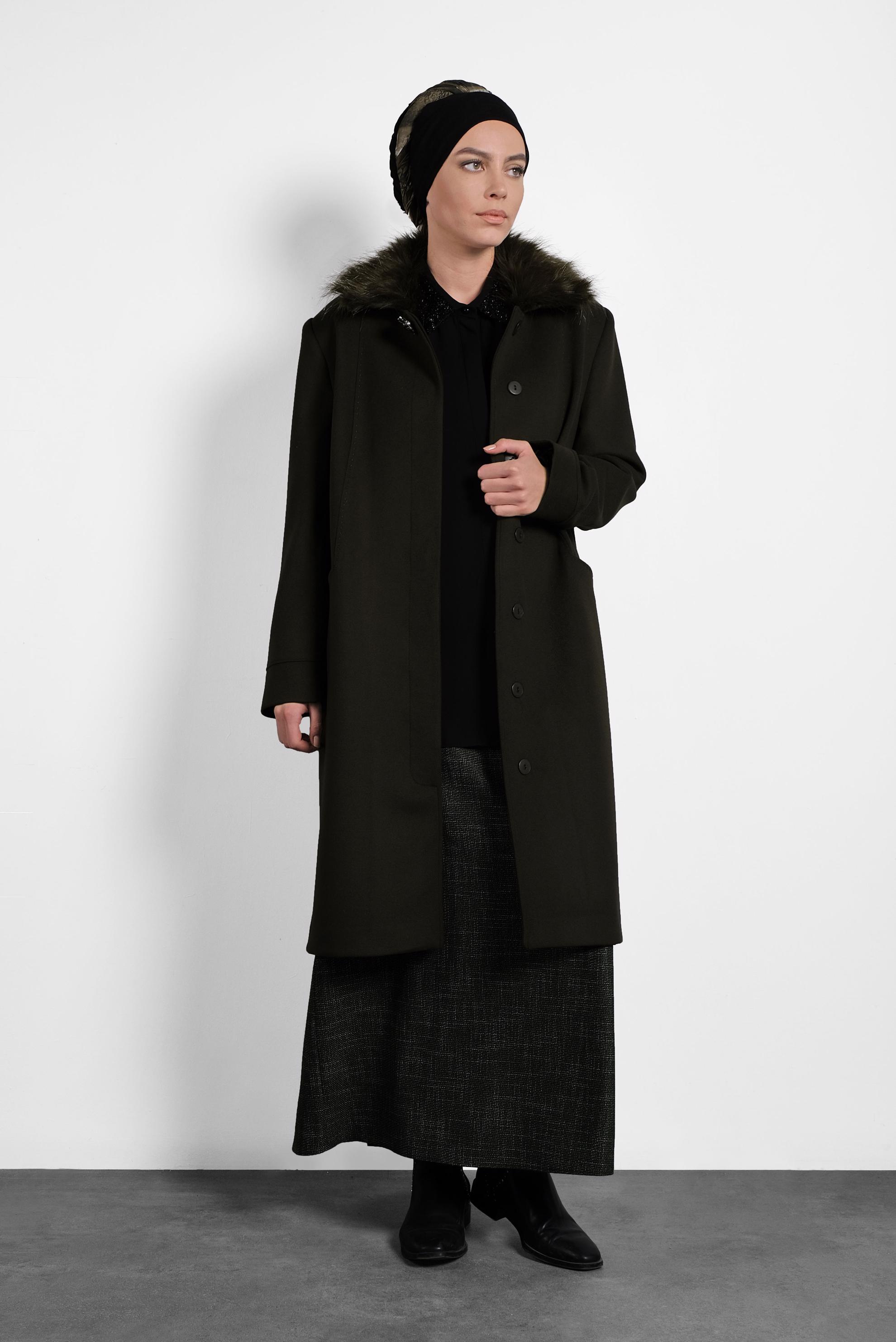 Vêtements hijab KAKI CABAN À COL FOURRURE 90070 