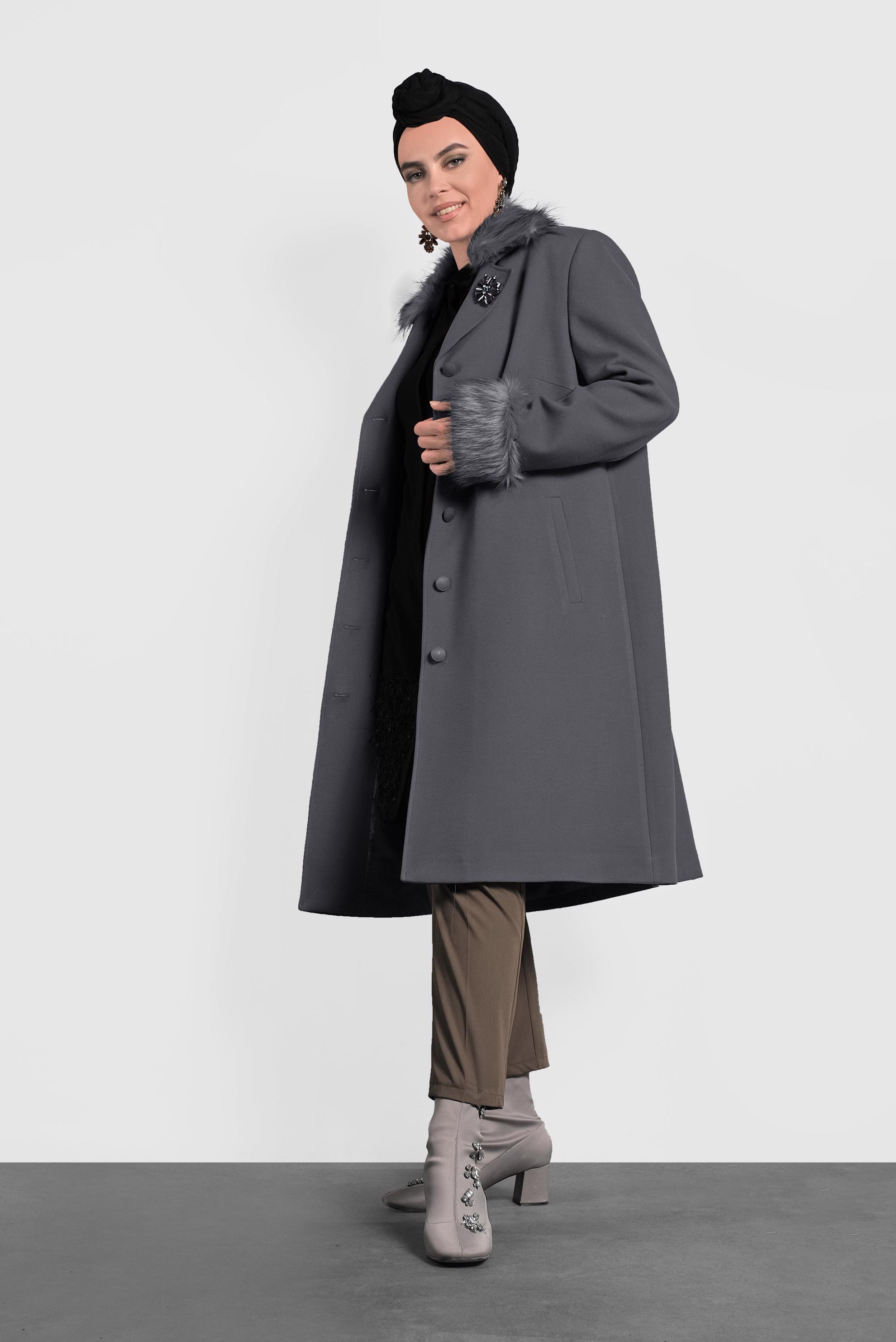 Vêtements hijab GRIS CABAN DÉTAILLÉ À FAUSSE FOURRURE 90072 