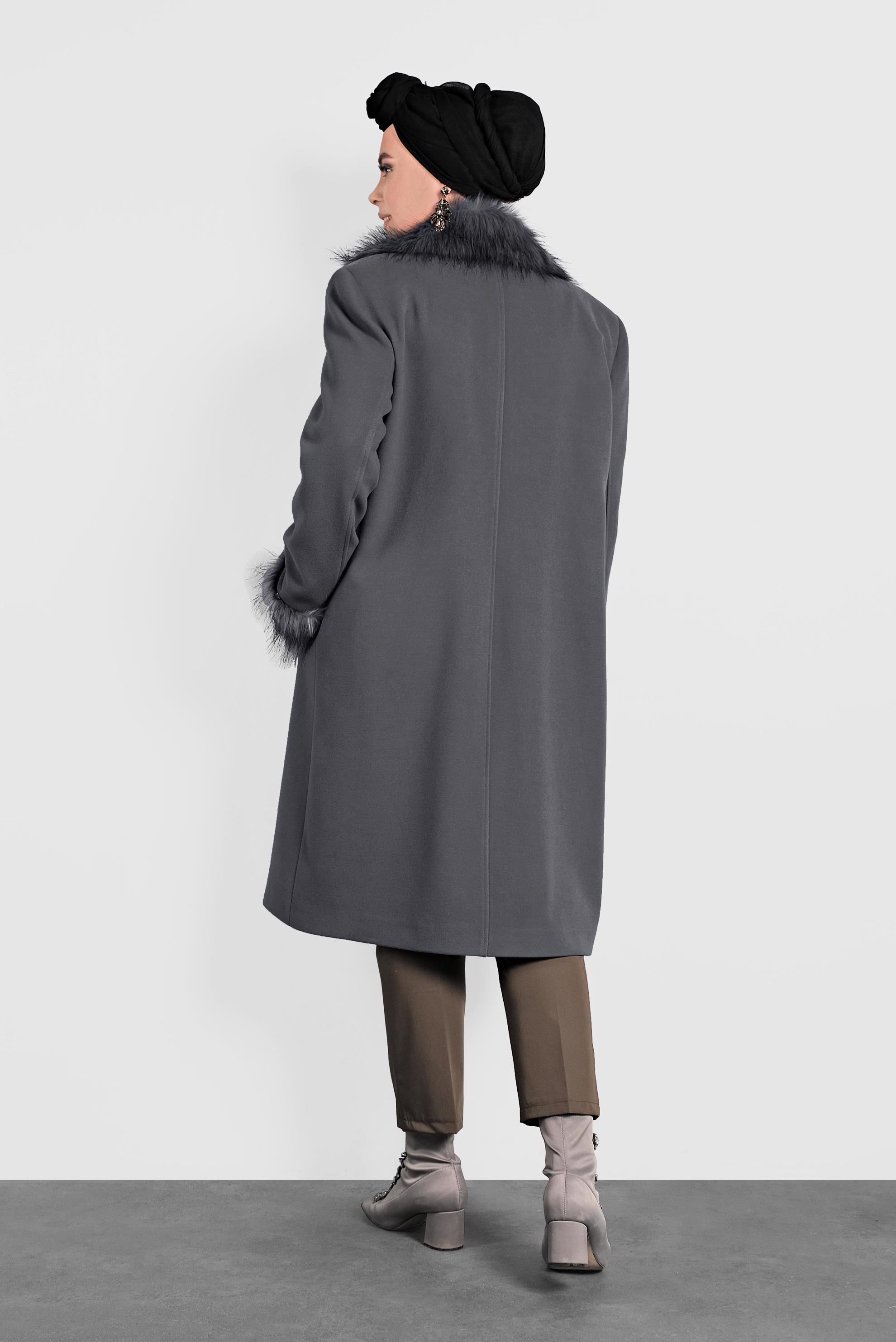 Vêtements hijab GRIS CABAN DÉTAILLÉ À FAUSSE FOURRURE 90072 