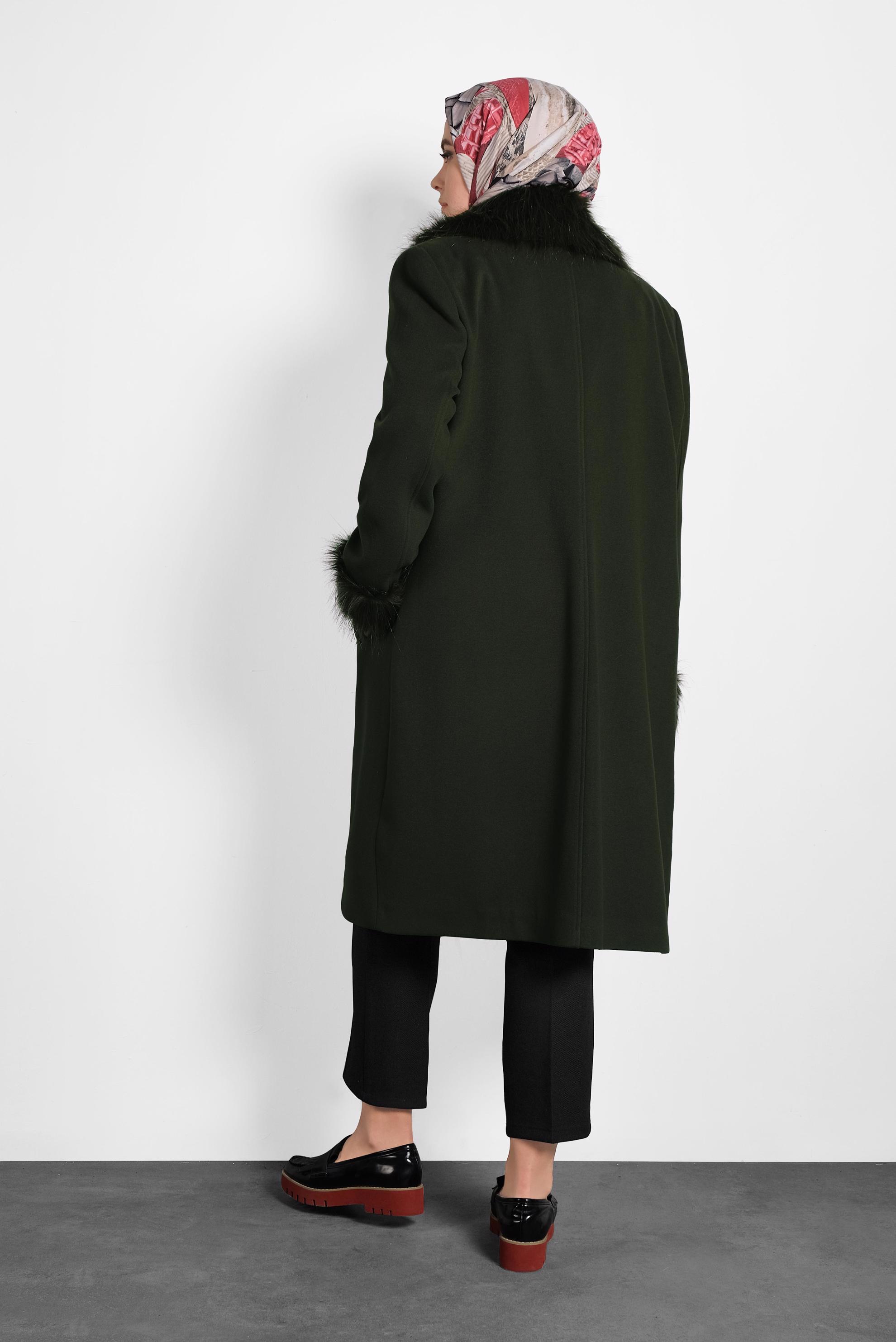 Hijab clothing KHAKI FAUX-FUR DETAILED COAT 90072 