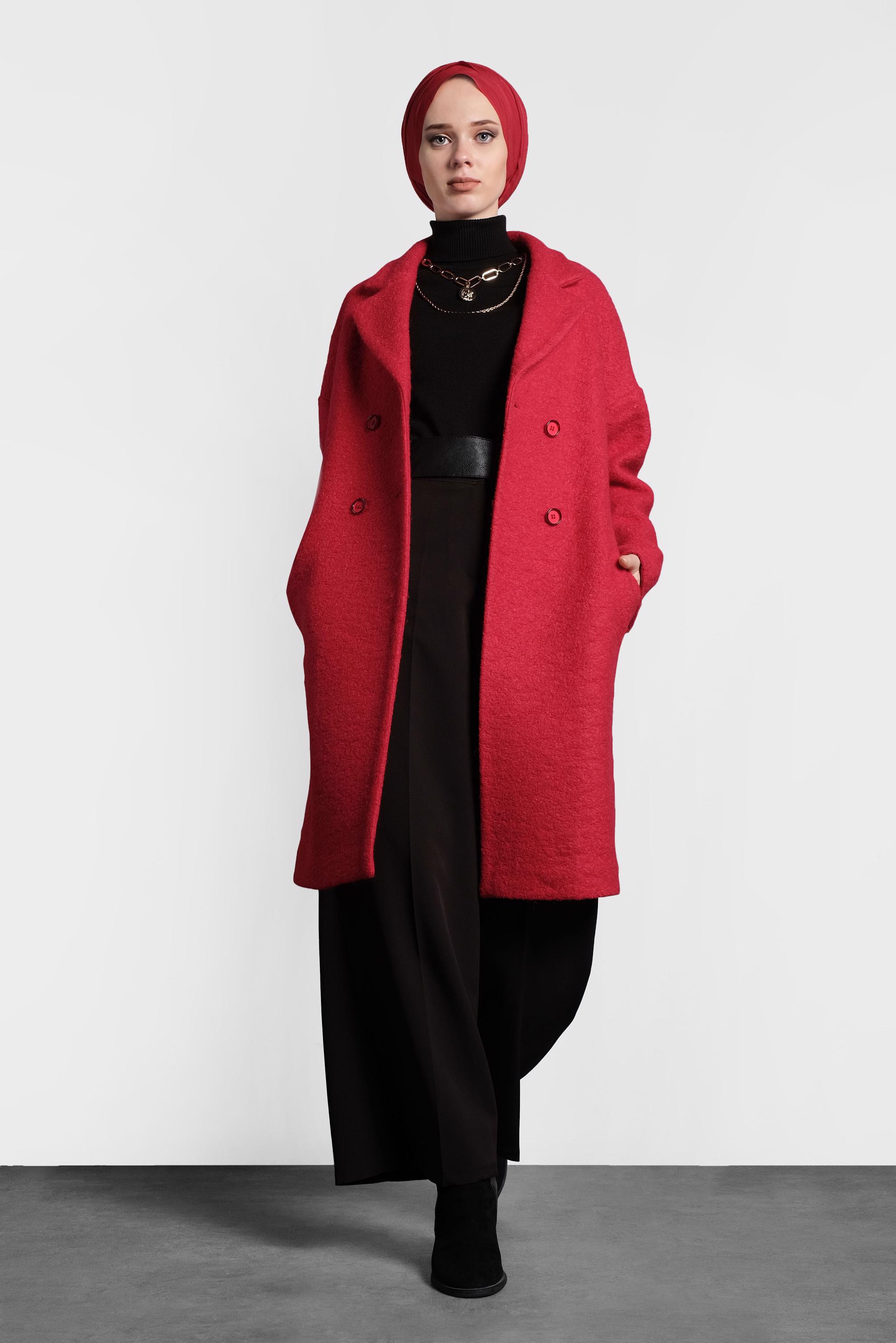 Tesettür giyim KIRMIZI KLASİK DÜĞMELİ KABAN 90073