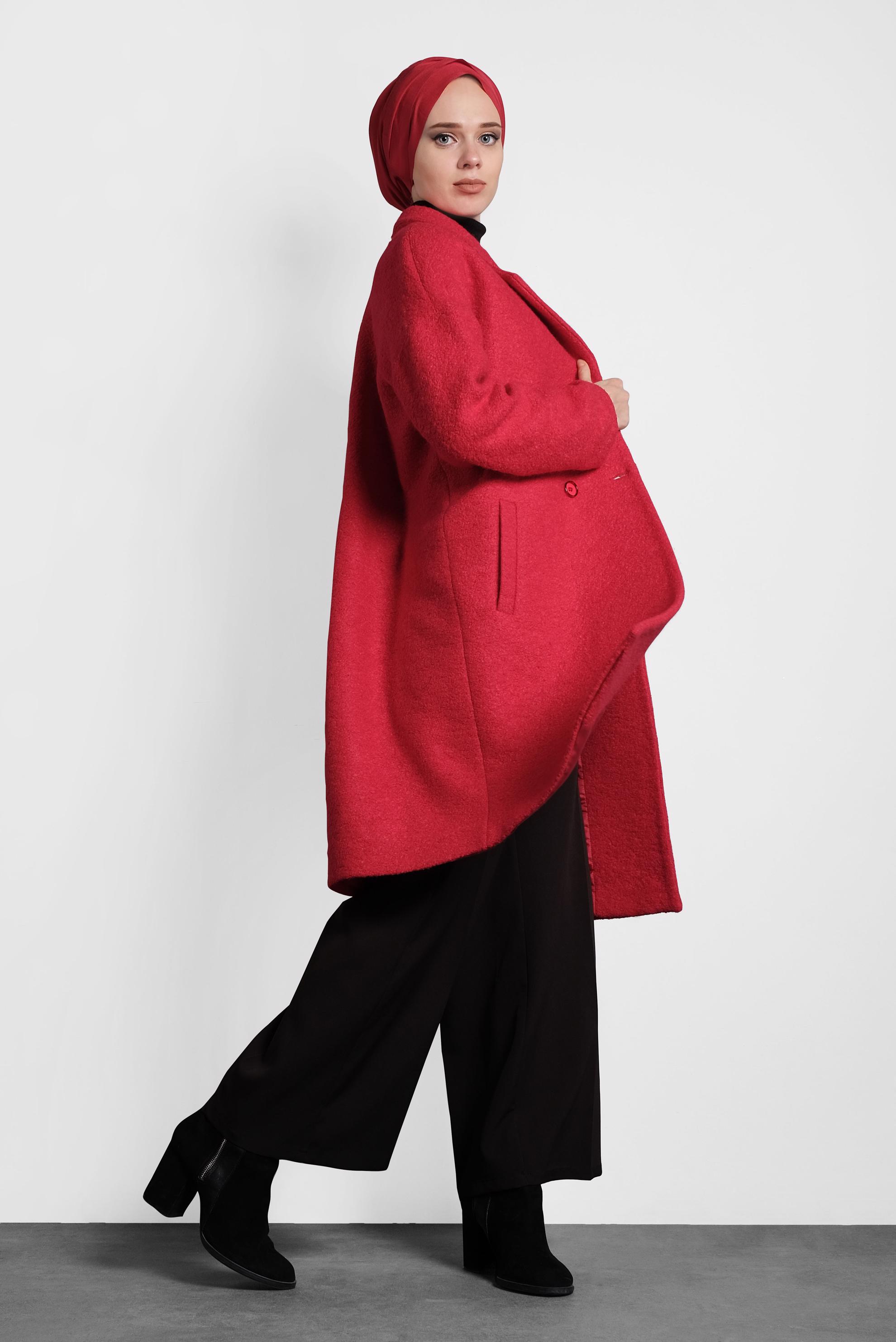 Tesettür giyim KIRMIZI KLASİK DÜĞMELİ KABAN 90073