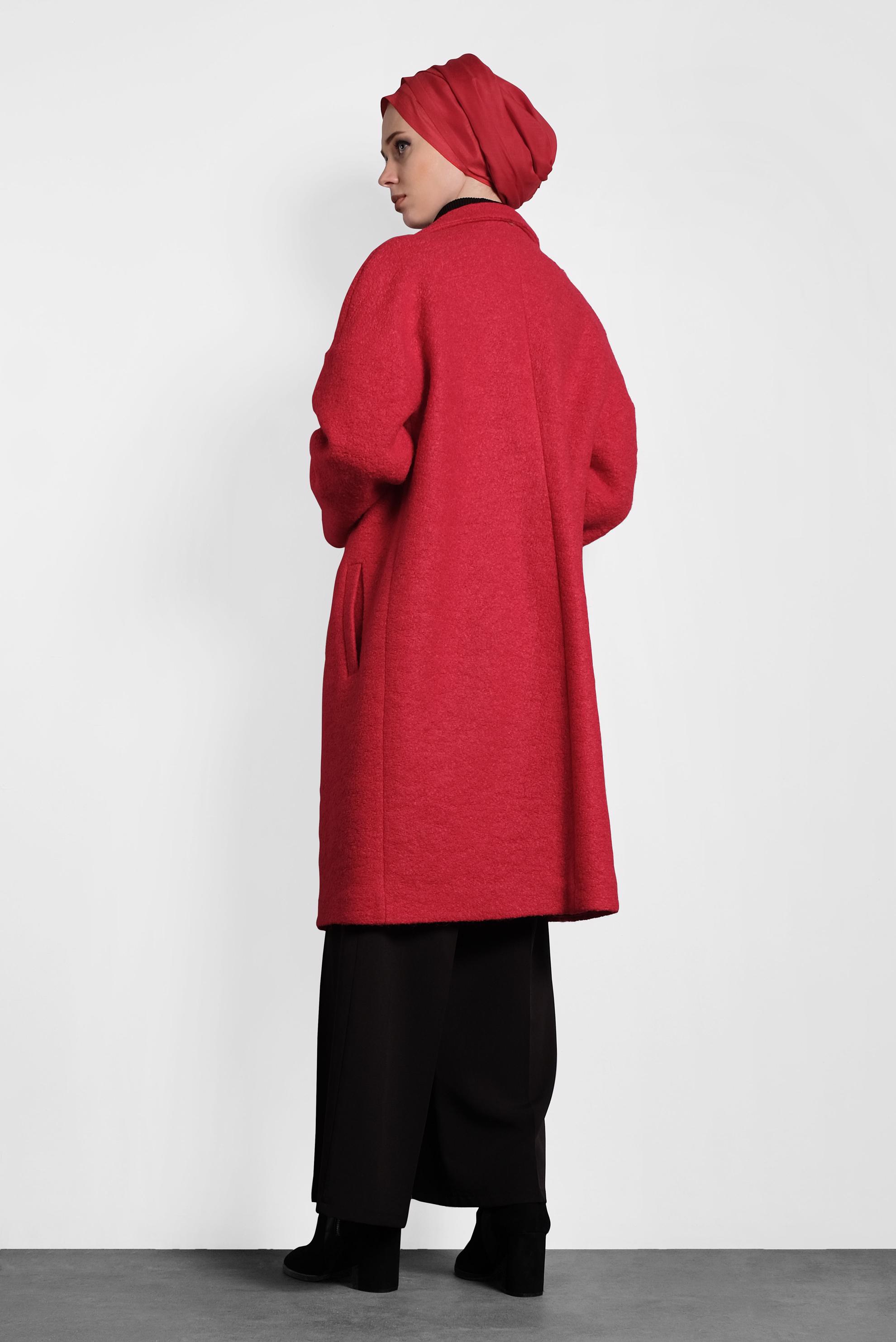 Tesettür giyim KIRMIZI KLASİK DÜĞMELİ KABAN 90073