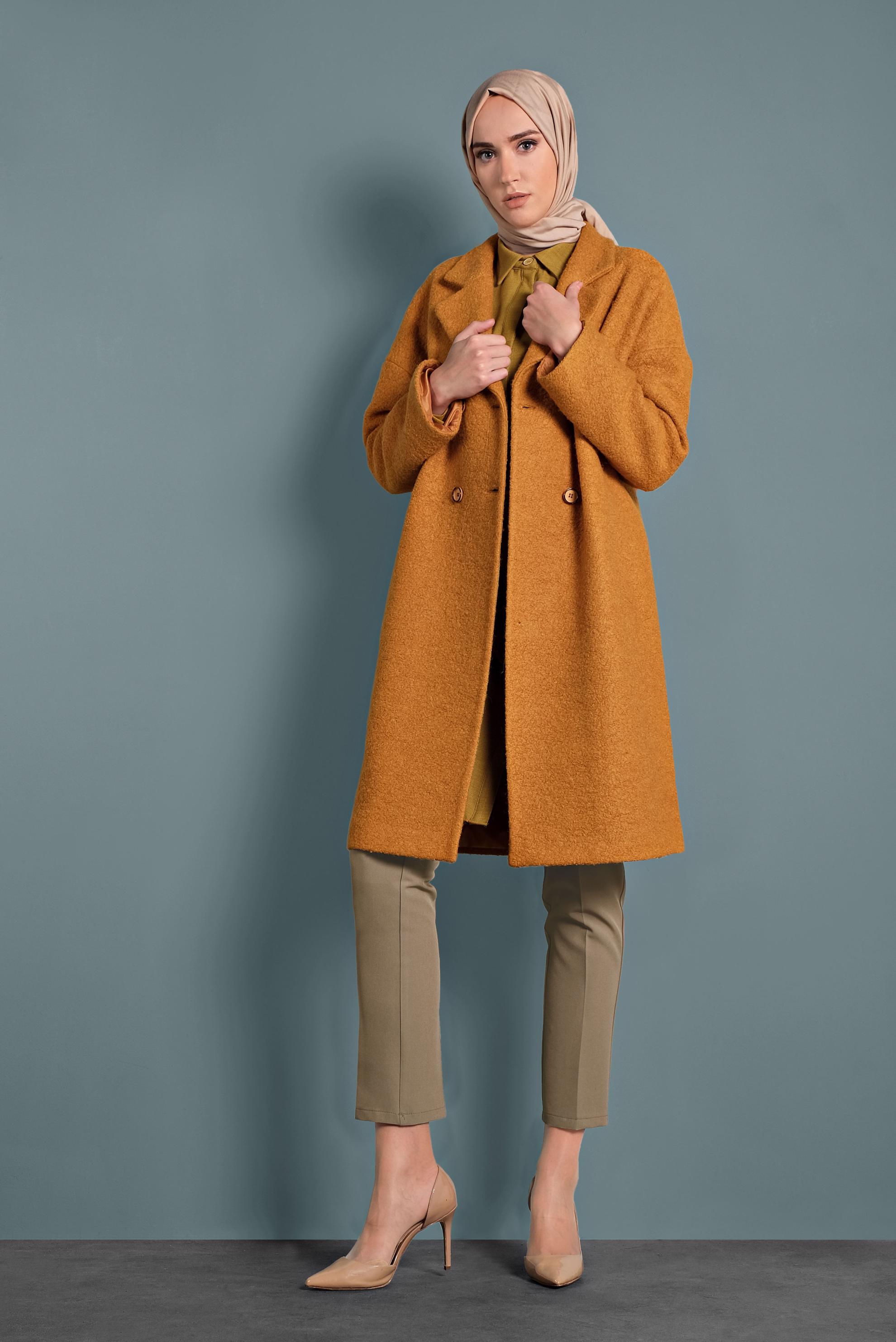 Tesettür giyim SARI KLASİK DÜĞMELİ KABAN 90073