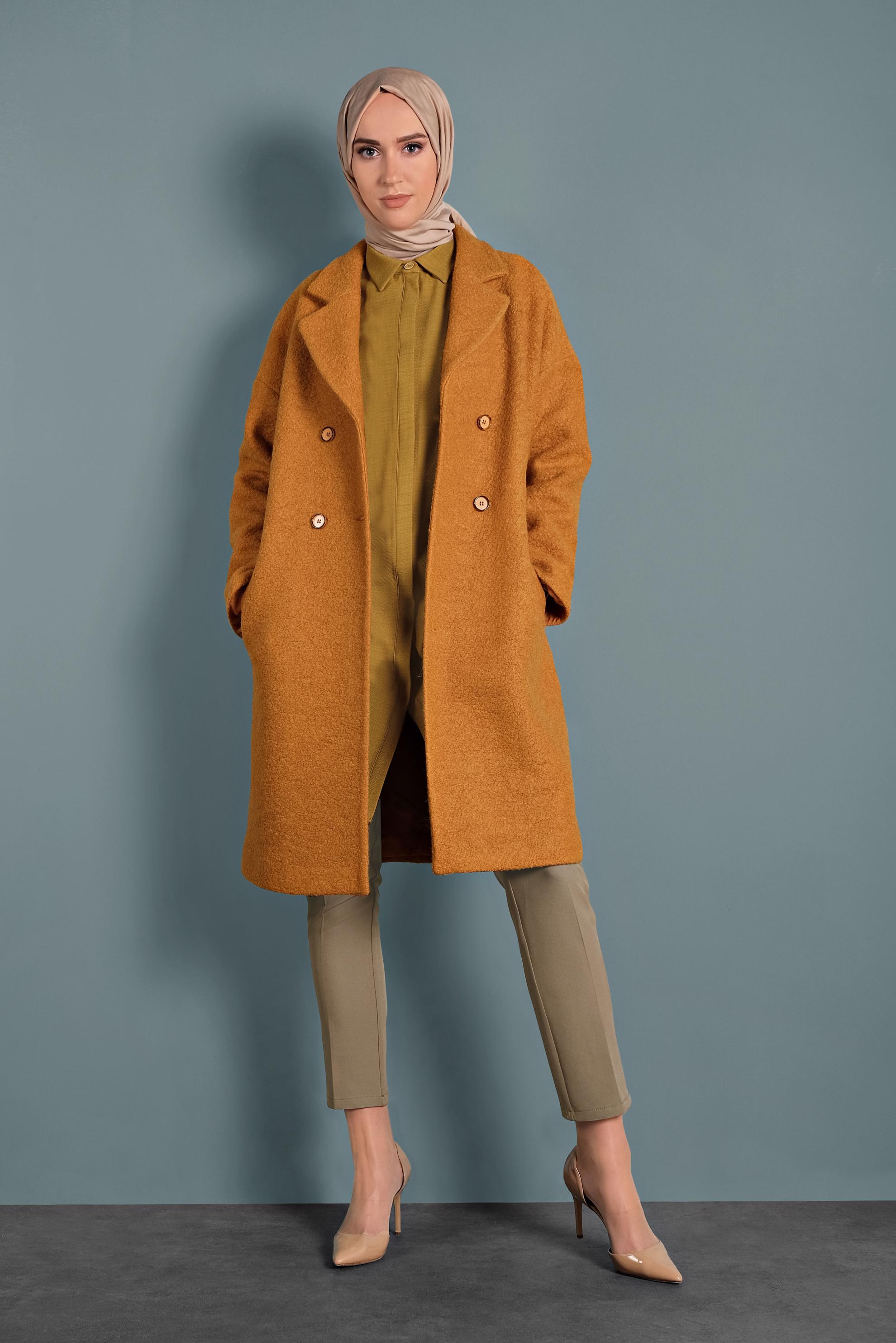 Tesettür giyim SARI KLASİK DÜĞMELİ KABAN 90073