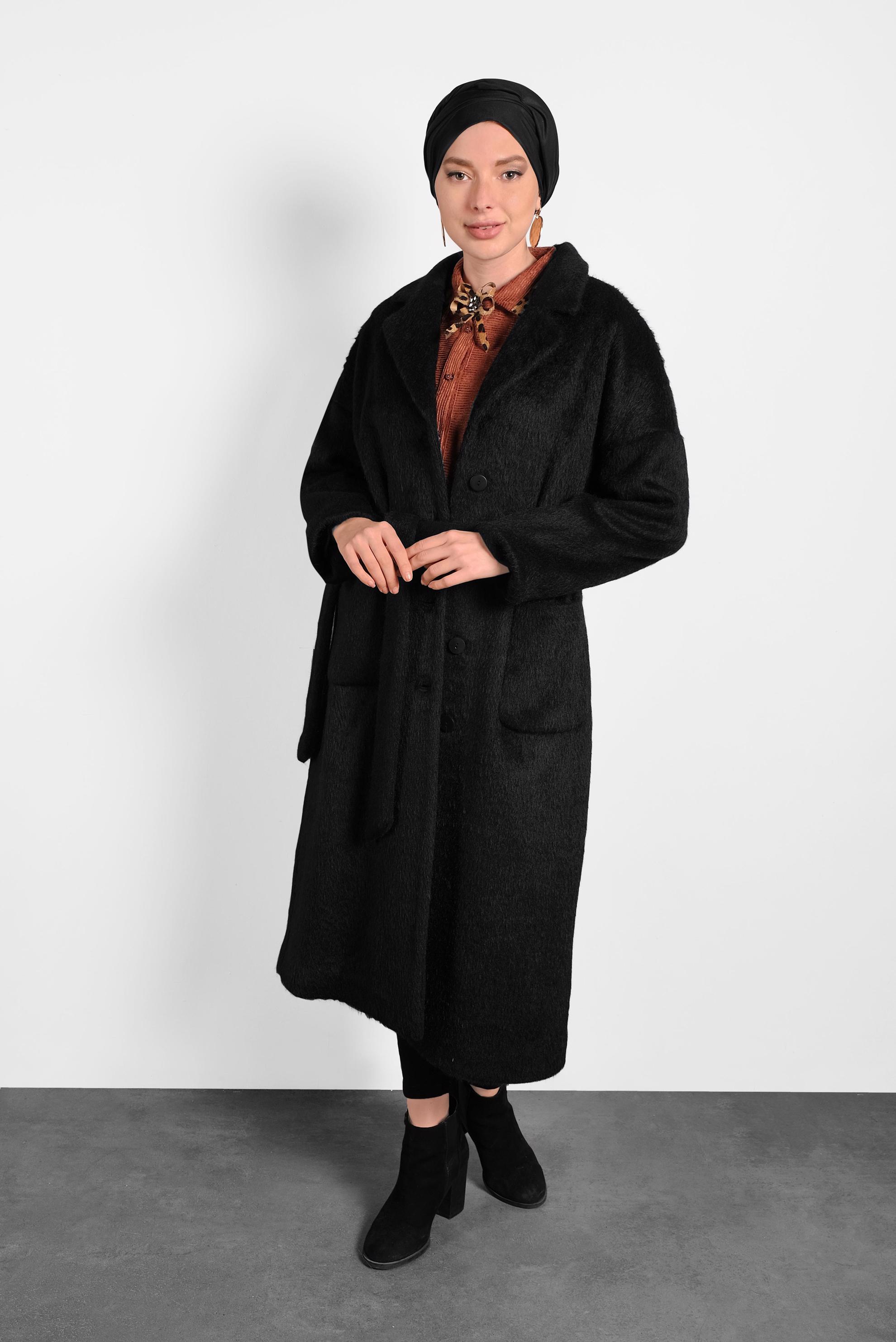 Tesettür giyim SİYAH KLASİK DÜĞMELİ KABAN 90074 