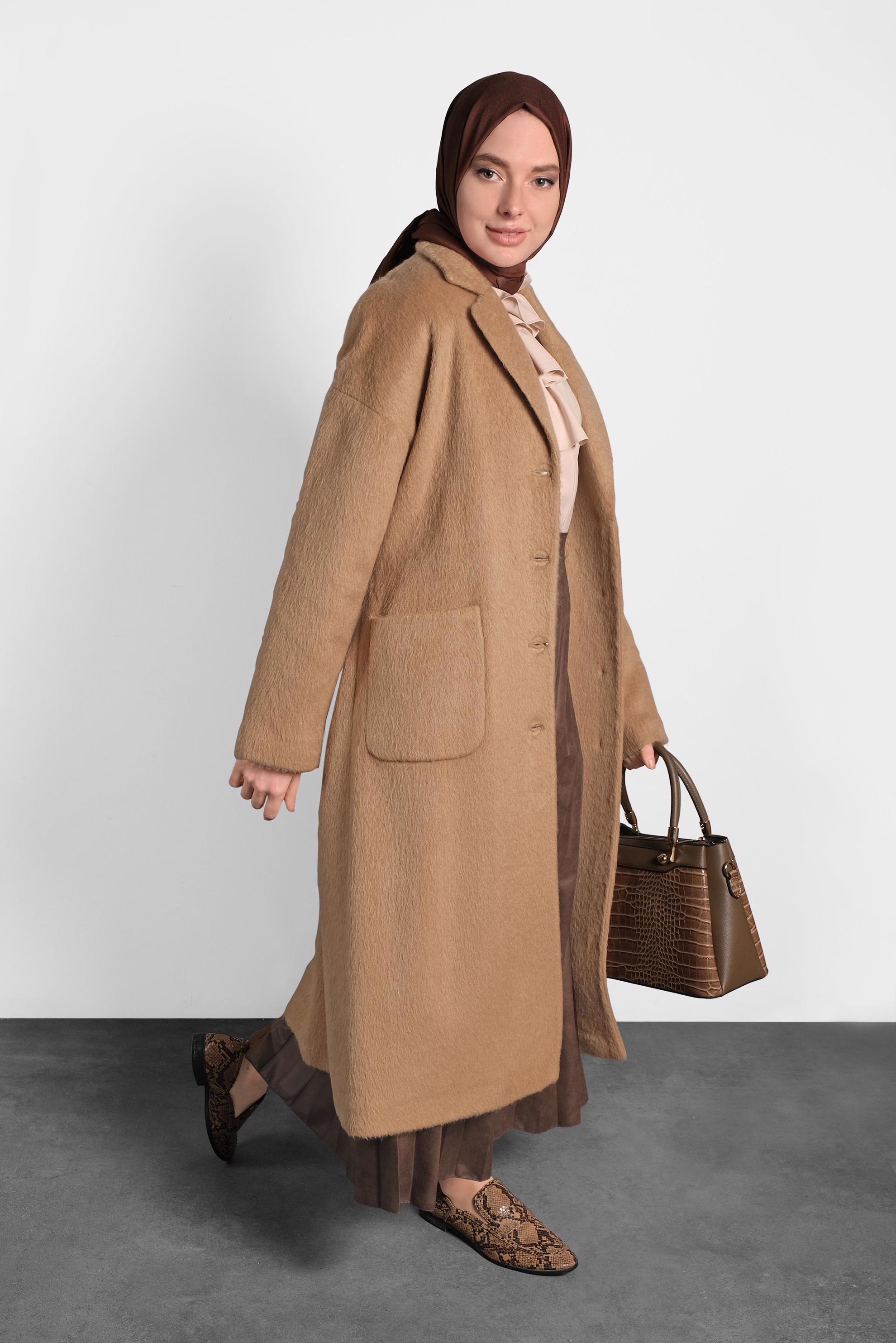 Tesettür giyim KAHVE KLASİK DÜĞMELİ KABAN 90074 