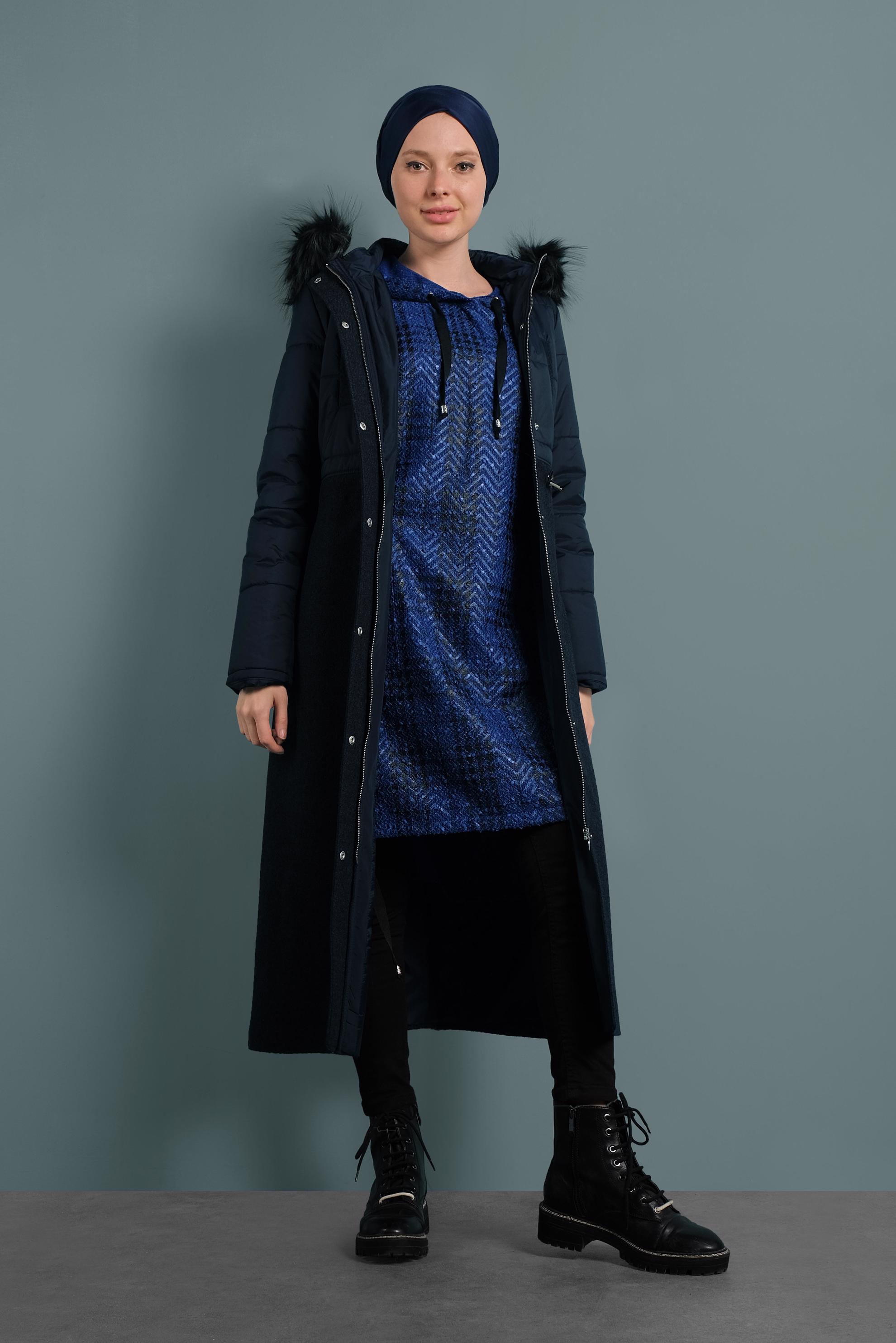 Tesettür giyim LACİVERT KAPÜŞONLU KABAN 90075