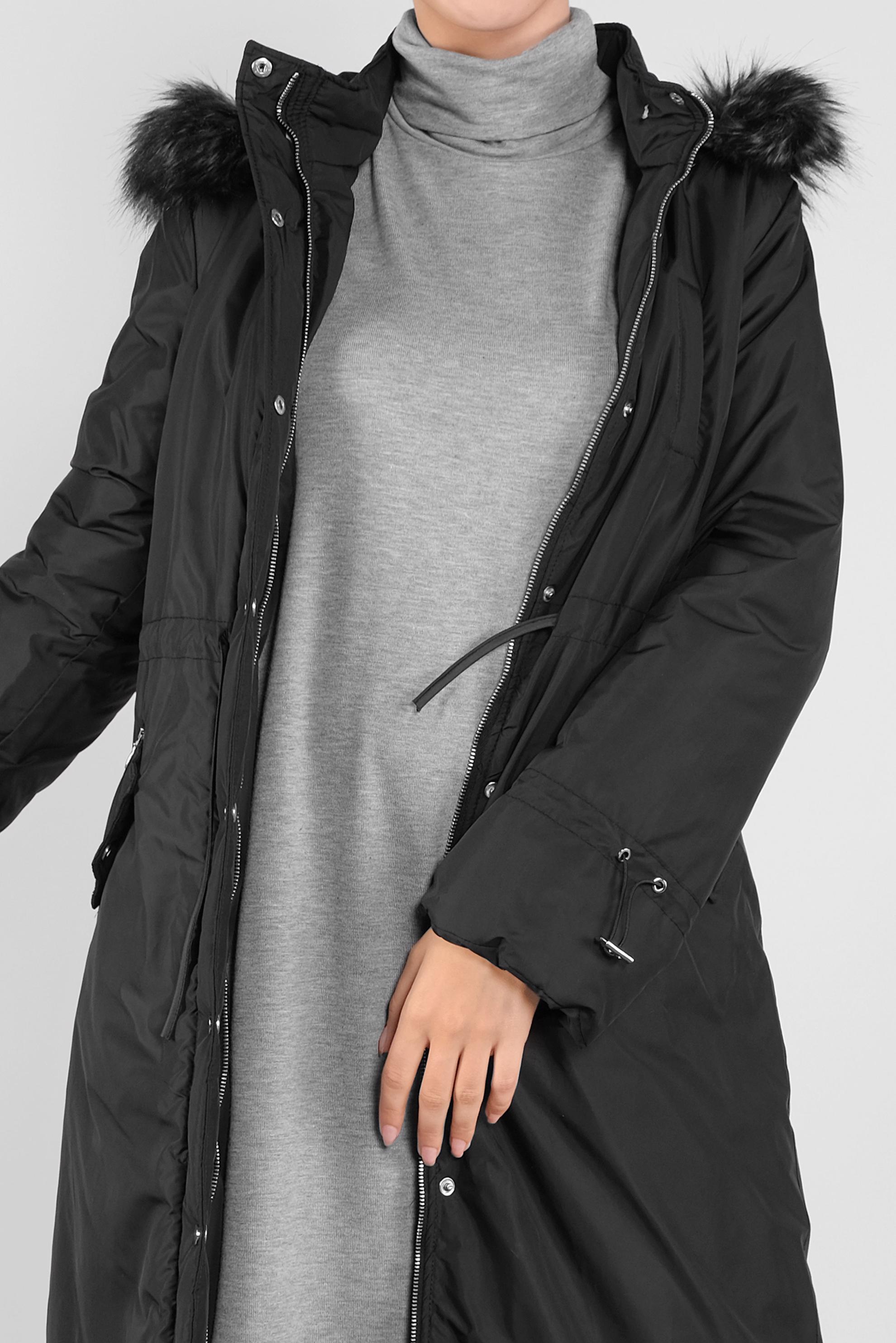 Tesettür giyim SİYAH BELİ BAĞCIKLI KAPÜŞONLU KABAN 90083 