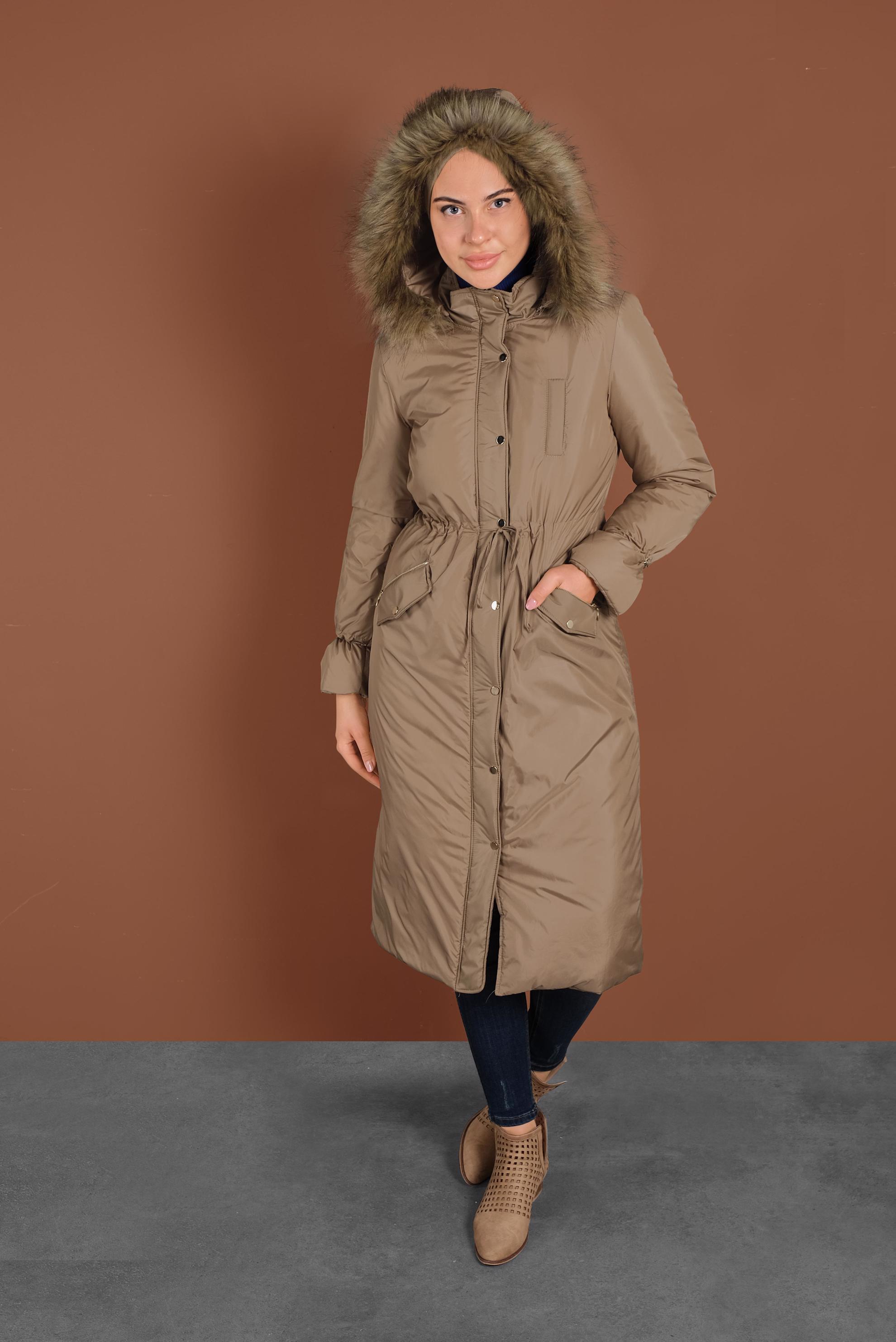 Tesettür giyim BEJ BELİ BAĞCIKLI KAPÜŞONLU KABAN 90083 