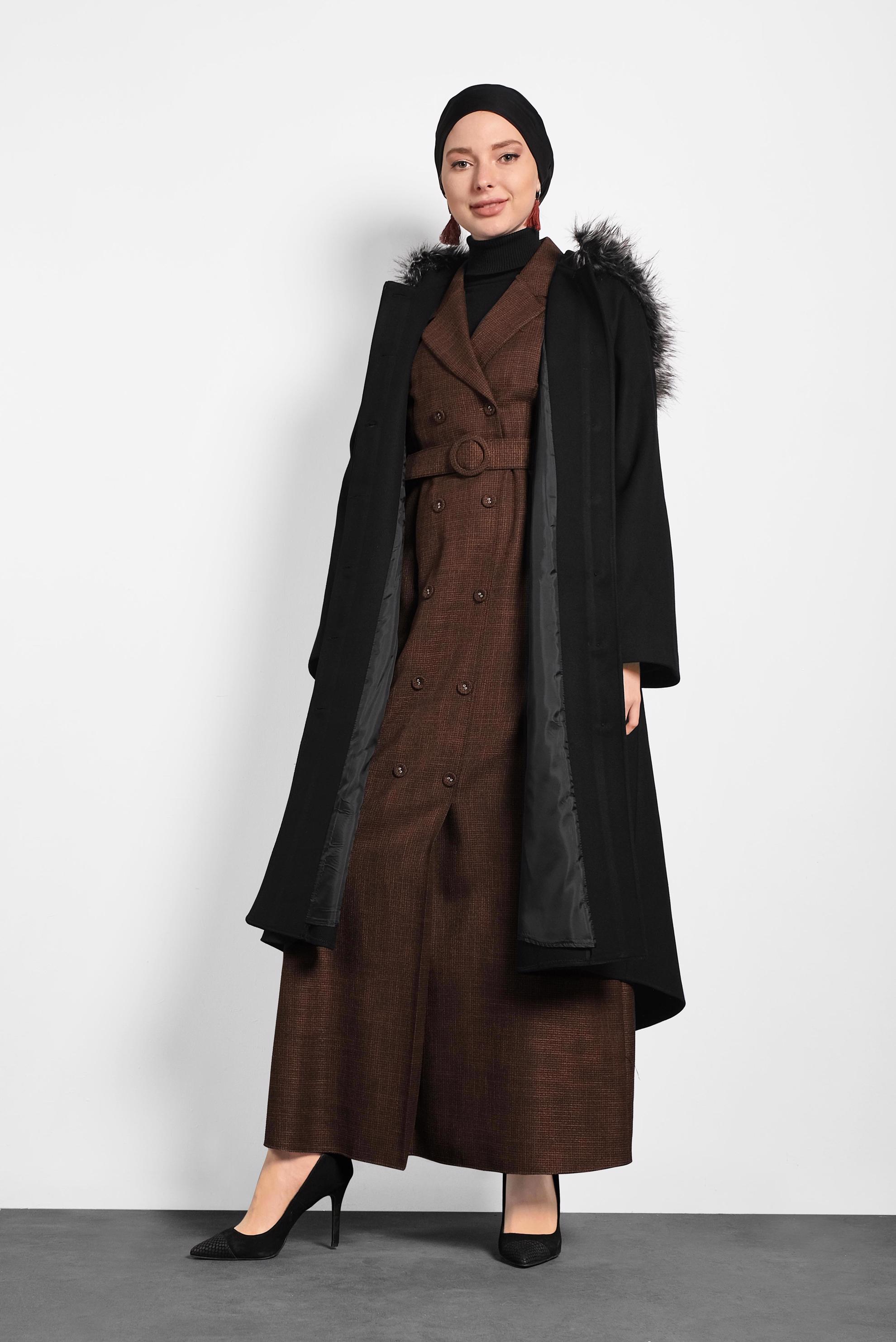 Tesettür giyim SİYAH KAPÜŞONLU KABAN 90084 