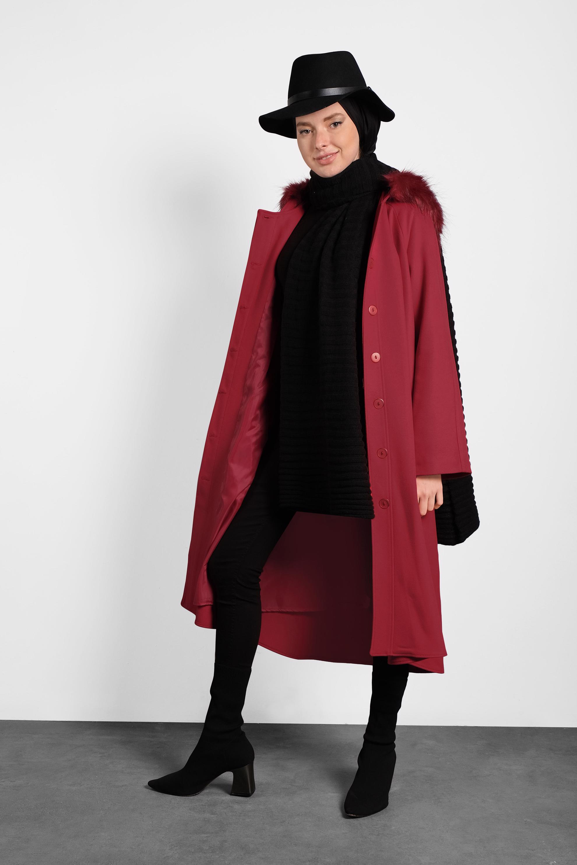 Tesettür giyim KIRMIZI KAPÜŞONLU KABAN 90084 