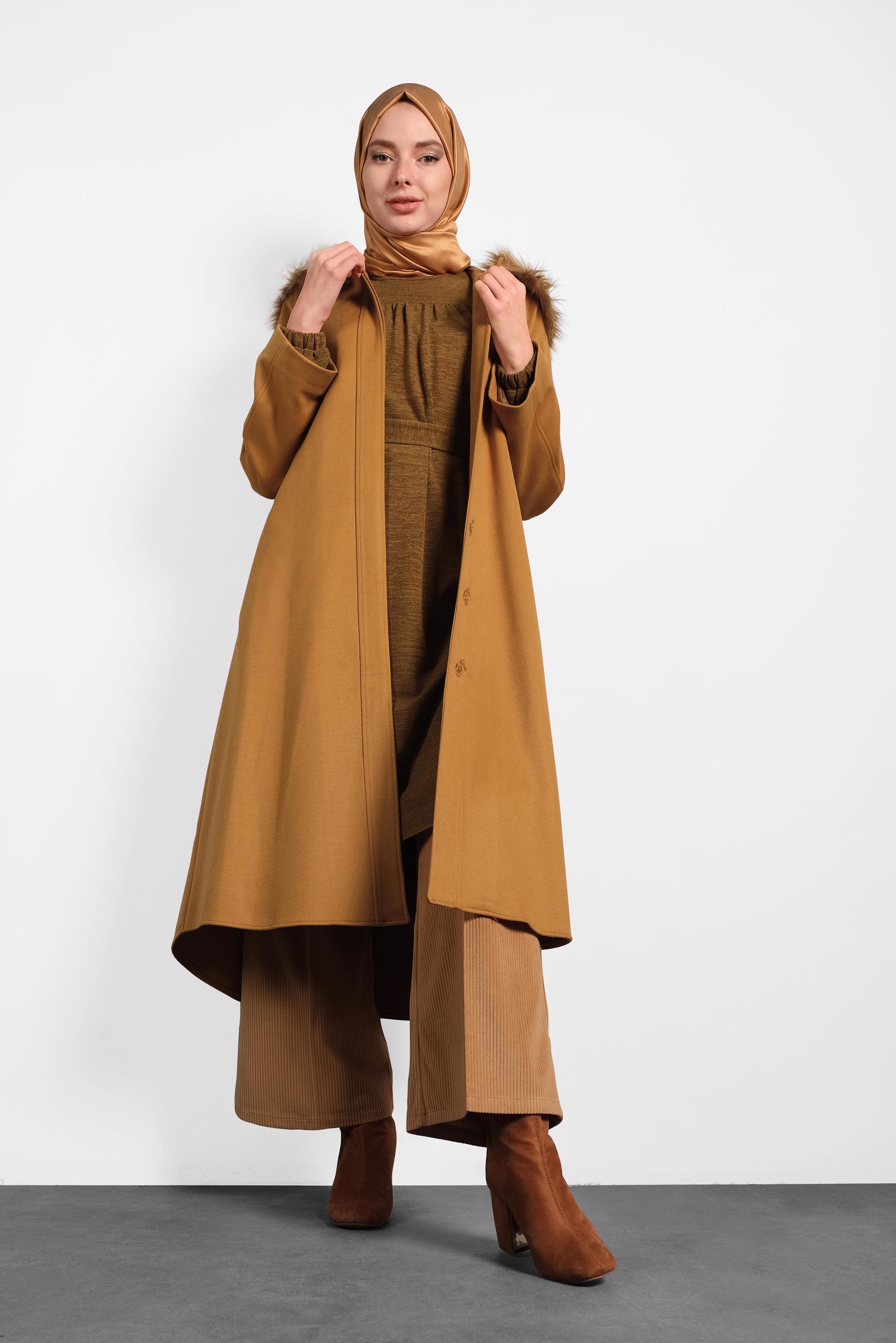 Tesettür giyim SARI KAPÜŞONLU KABAN 90084 