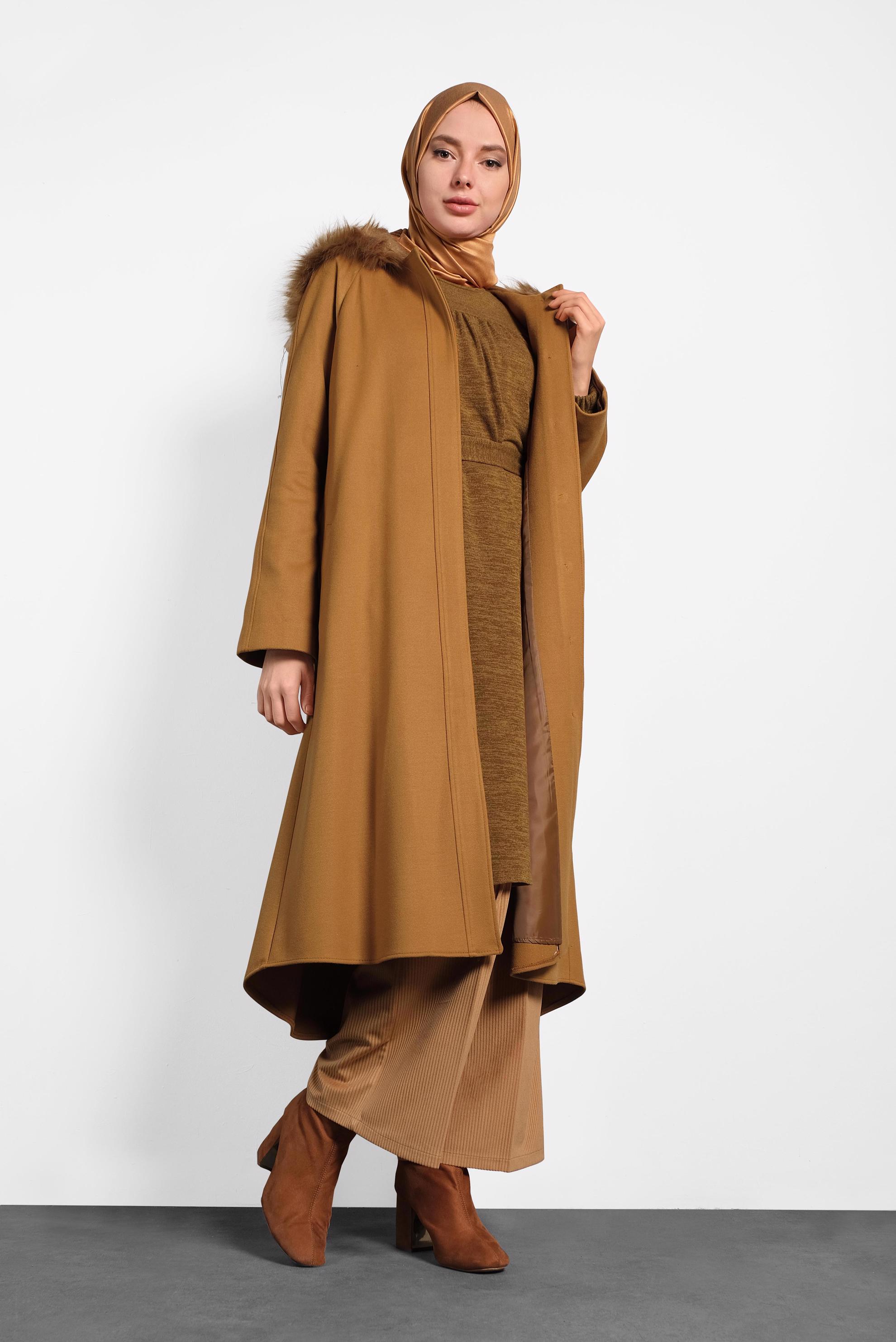 Tesettür giyim SARI KAPÜŞONLU KABAN 90084 