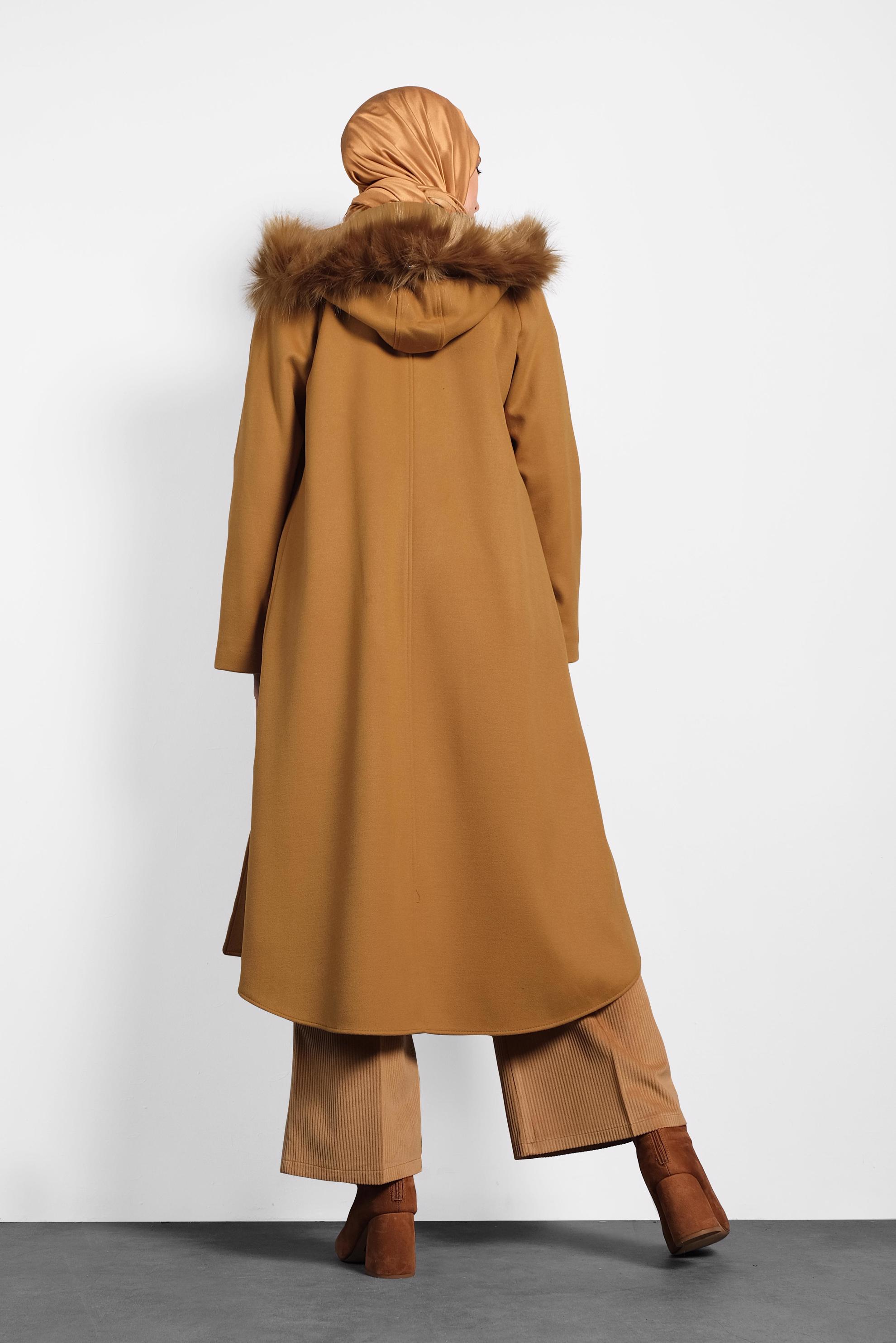 Tesettür giyim SARI KAPÜŞONLU KABAN 90084 