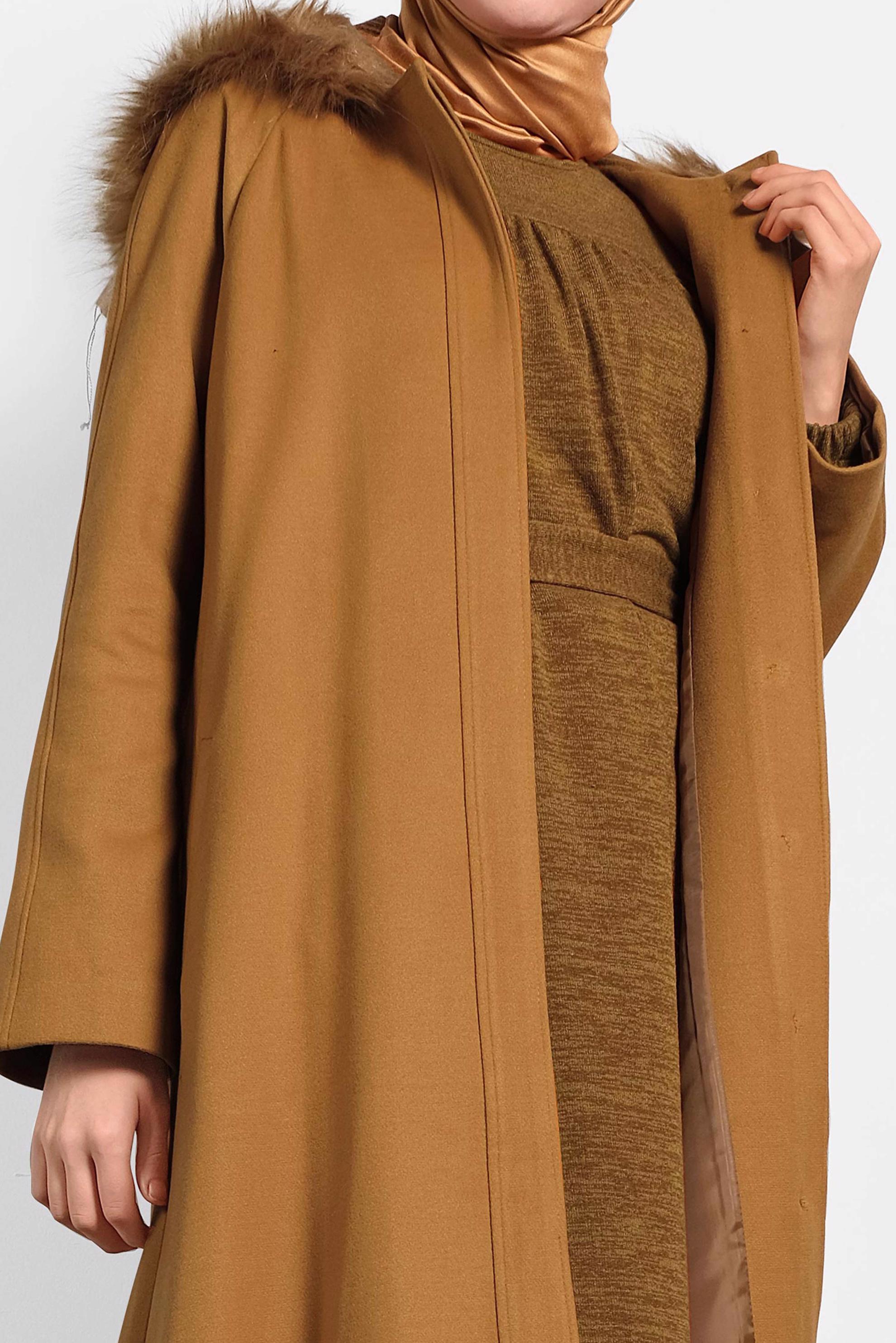 Tesettür giyim SARI KAPÜŞONLU KABAN 90084 